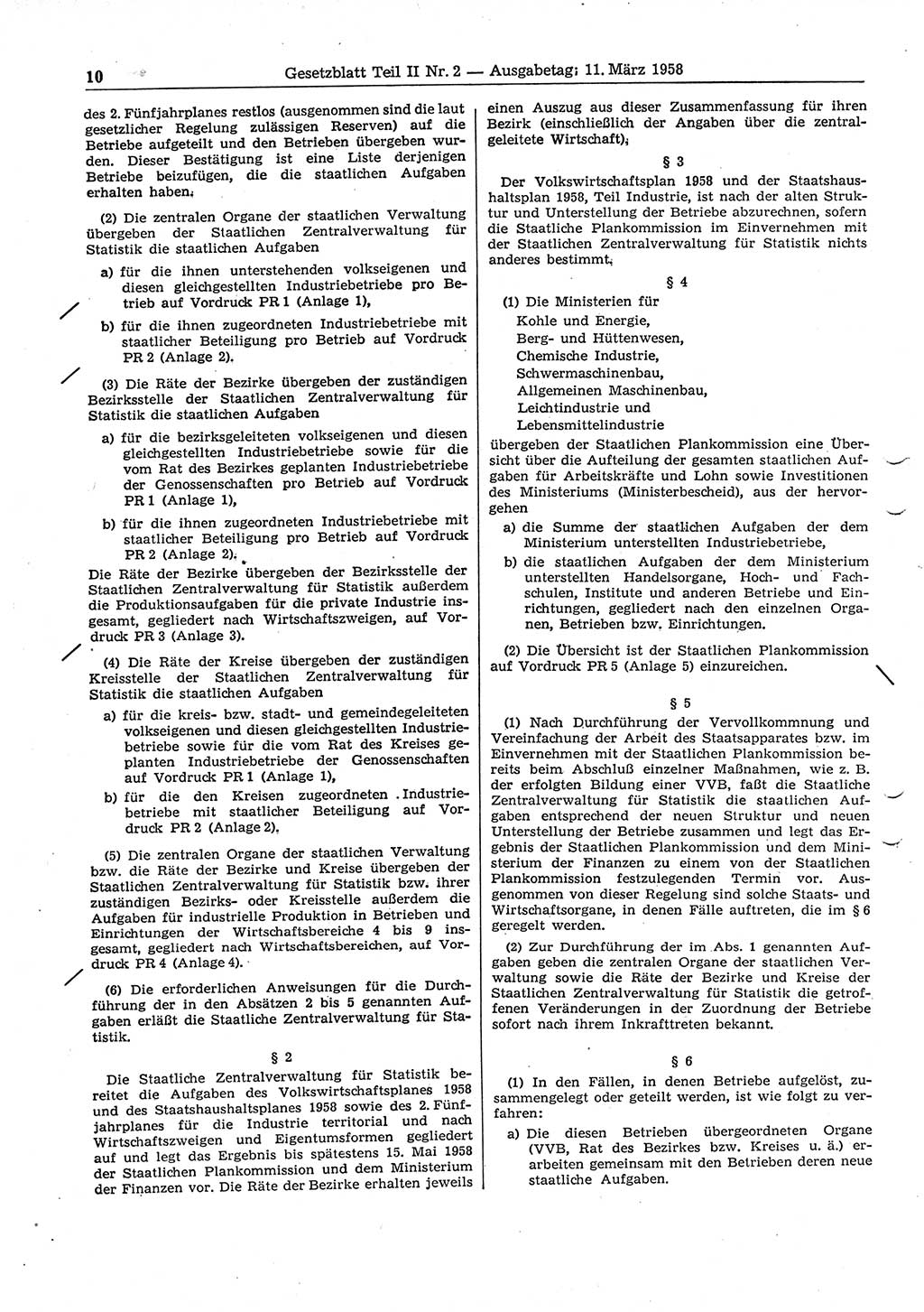 Gesetzblatt (GBl.) der Deutschen Demokratischen Republik (DDR) Teil ⅠⅠ 1958, Seite 10 (GBl. DDR ⅠⅠ 1958, S. 10)