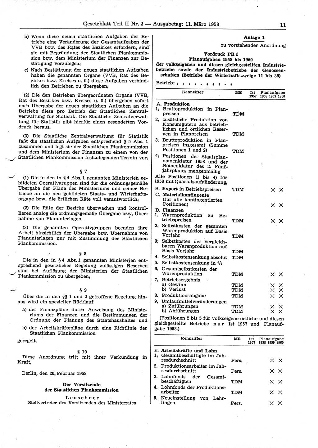 Gesetzblatt (GBl.) der Deutschen Demokratischen Republik (DDR) Teil ⅠⅠ 1958, Seite 11 (GBl. DDR ⅠⅠ 1958, S. 11)