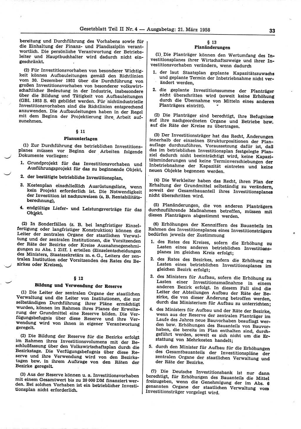 Gesetzblatt (GBl.) der Deutschen Demokratischen Republik (DDR) Teil ⅠⅠ 1958, Seite 33 (GBl. DDR ⅠⅠ 1958, S. 33)