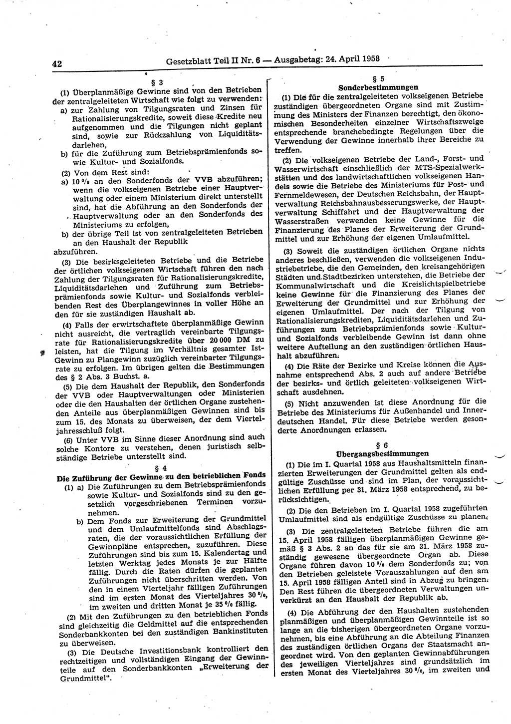 Gesetzblatt (GBl.) der Deutschen Demokratischen Republik (DDR) Teil ⅠⅠ 1958, Seite 42 (GBl. DDR ⅠⅠ 1958, S. 42)