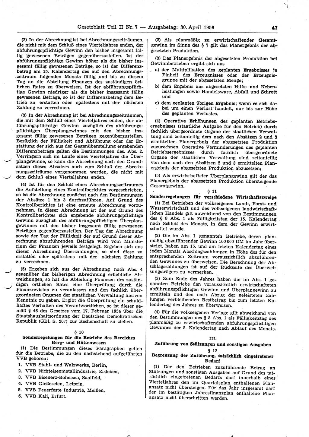 Gesetzblatt (GBl.) der Deutschen Demokratischen Republik (DDR) Teil ⅠⅠ 1958, Seite 47 (GBl. DDR ⅠⅠ 1958, S. 47)