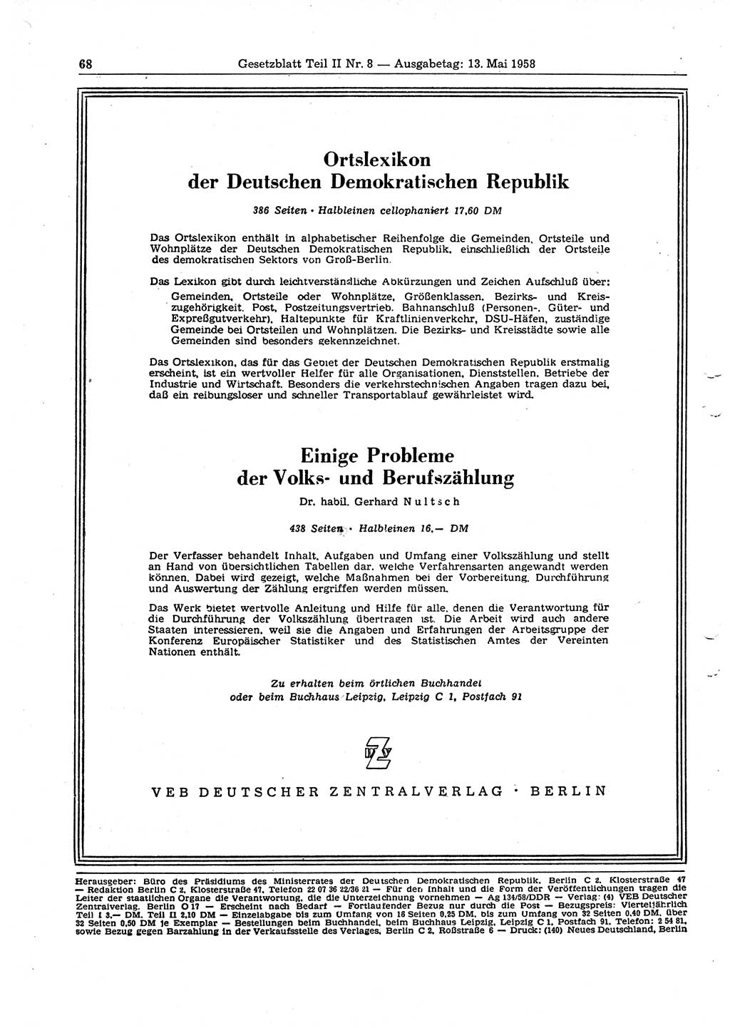 Gesetzblatt (GBl.) der Deutschen Demokratischen Republik (DDR) Teil ⅠⅠ 1958, Seite 68 (GBl. DDR ⅠⅠ 1958, S. 68)