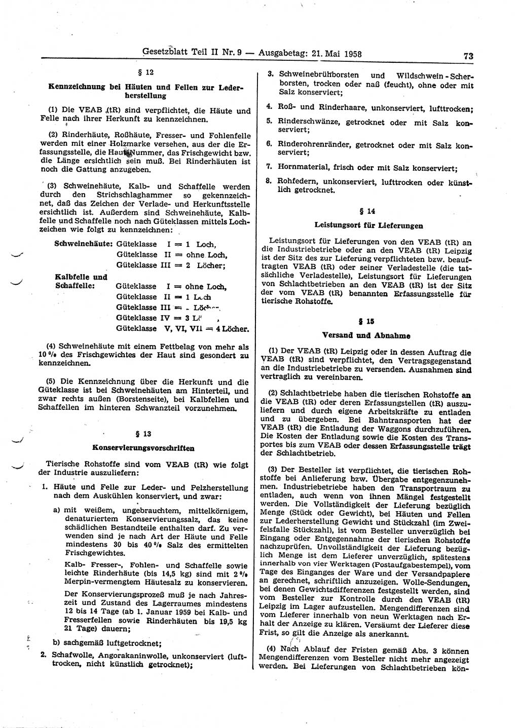 Gesetzblatt (GBl.) der Deutschen Demokratischen Republik (DDR) Teil ⅠⅠ 1958, Seite 73 (GBl. DDR ⅠⅠ 1958, S. 73)