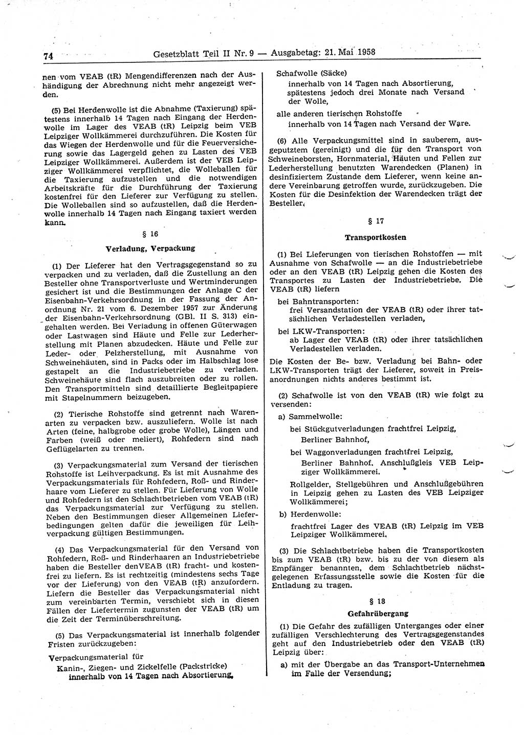 Gesetzblatt (GBl.) der Deutschen Demokratischen Republik (DDR) Teil ⅠⅠ 1958, Seite 74 (GBl. DDR ⅠⅠ 1958, S. 74)