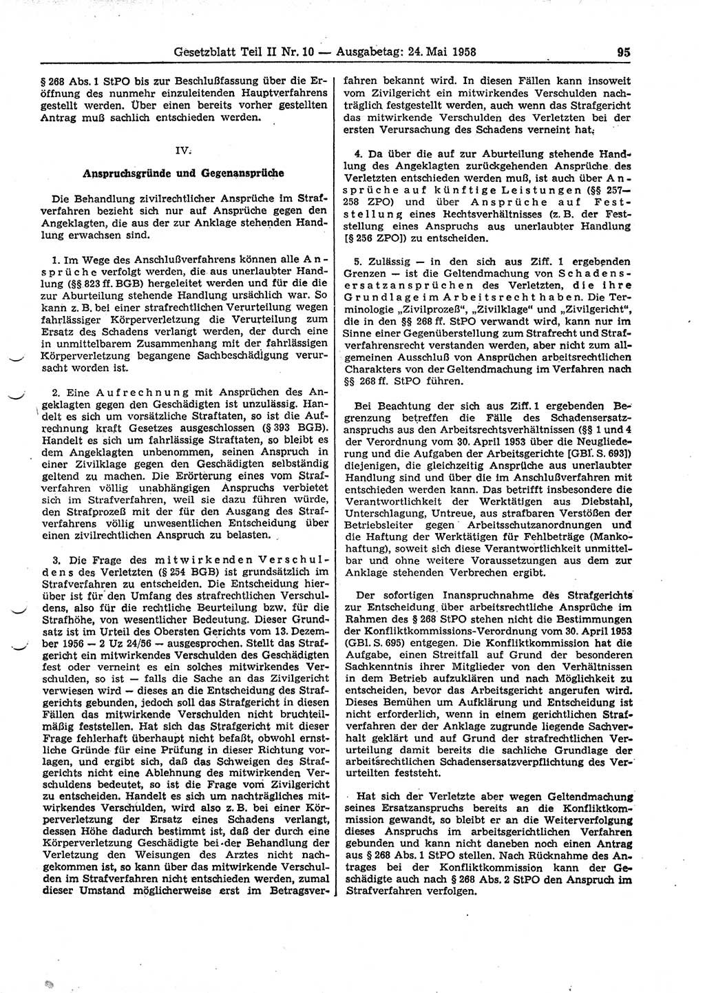 Gesetzblatt (GBl.) der Deutschen Demokratischen Republik (DDR) Teil ⅠⅠ 1958, Seite 95 (GBl. DDR ⅠⅠ 1958, S. 95)