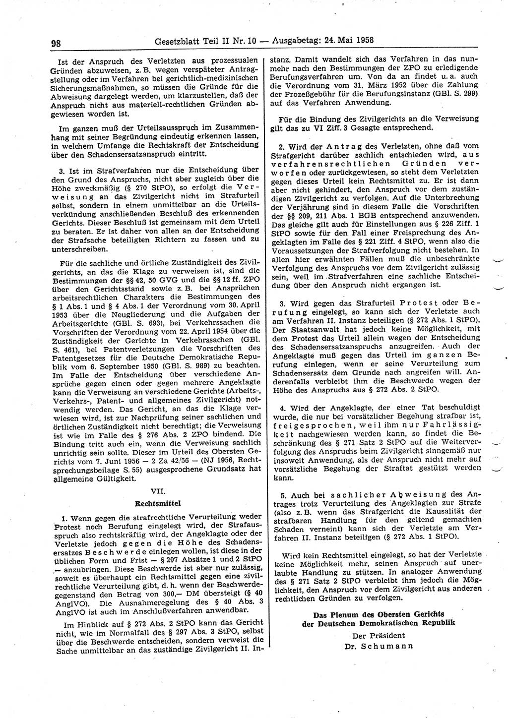 Gesetzblatt (GBl.) der Deutschen Demokratischen Republik (DDR) Teil ⅠⅠ 1958, Seite 98 (GBl. DDR ⅠⅠ 1958, S. 98)