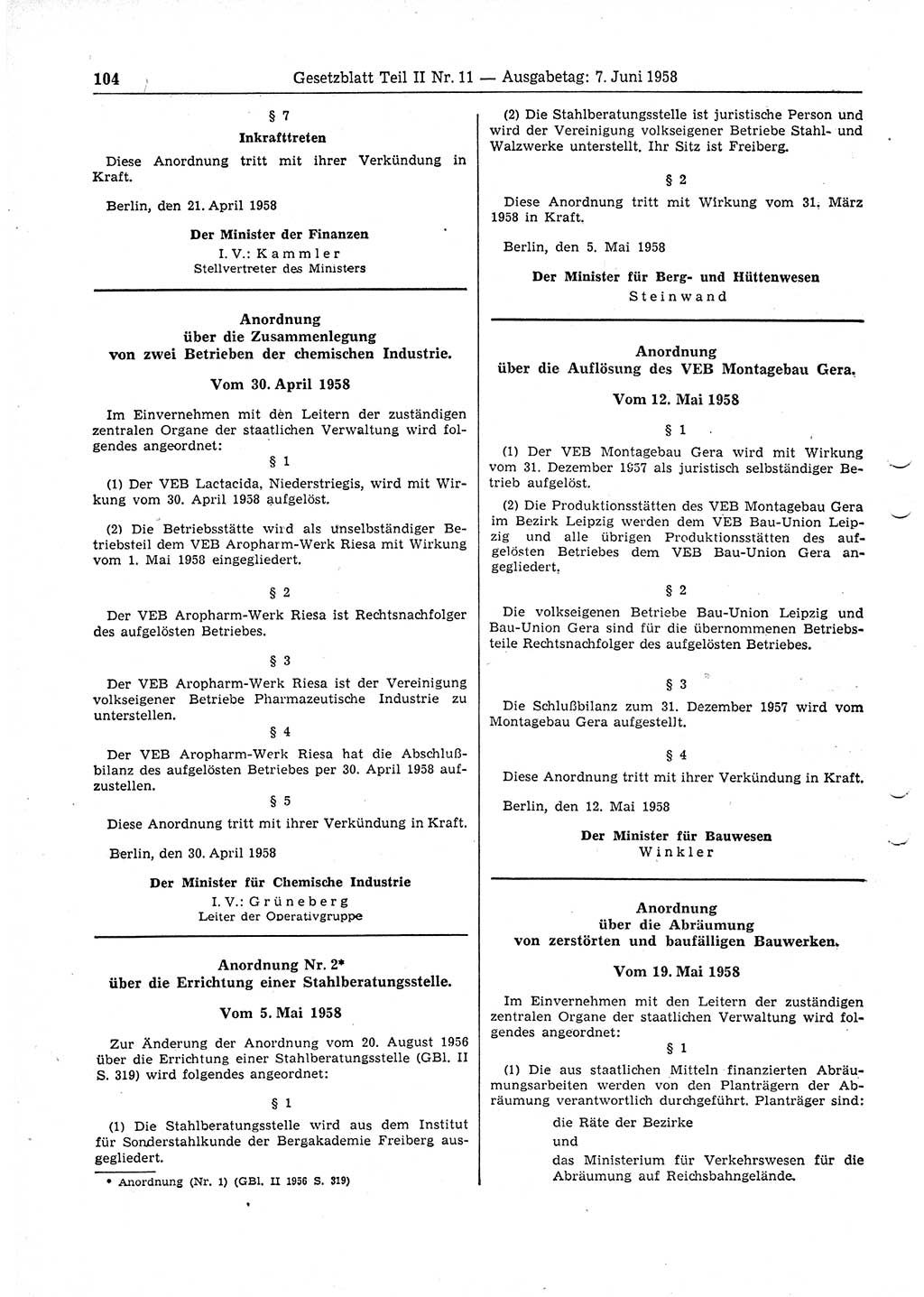 Gesetzblatt (GBl.) der Deutschen Demokratischen Republik (DDR) Teil ⅠⅠ 1958, Seite 104 (GBl. DDR ⅠⅠ 1958, S. 104)