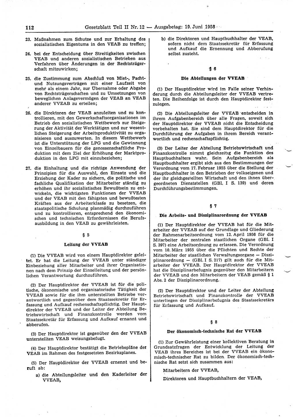 Gesetzblatt (GBl.) der Deutschen Demokratischen Republik (DDR) Teil ⅠⅠ 1958, Seite 112 (GBl. DDR ⅠⅠ 1958, S. 112)