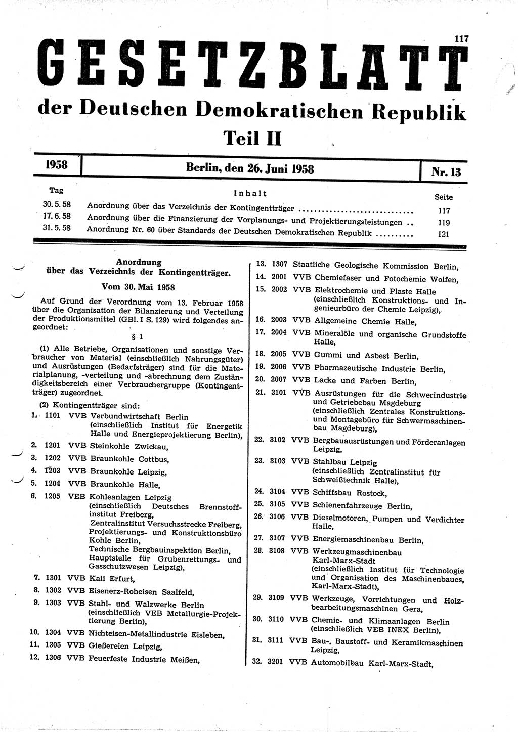 Gesetzblatt (GBl.) der Deutschen Demokratischen Republik (DDR) Teil ⅠⅠ 1958, Seite 117 (GBl. DDR ⅠⅠ 1958, S. 117)