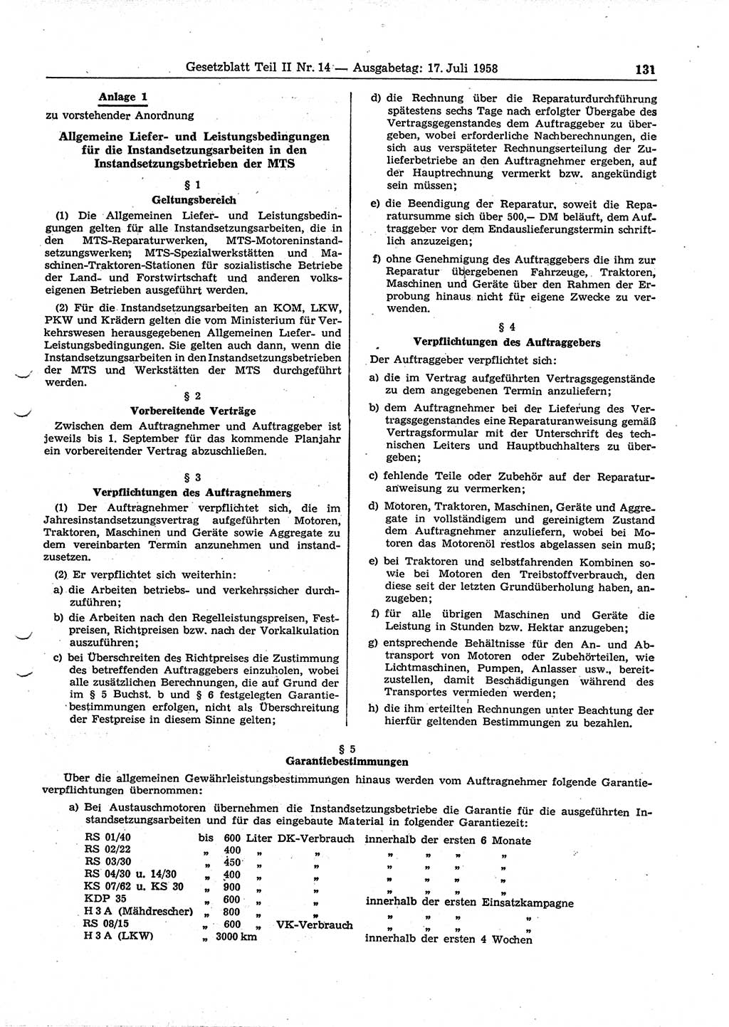 Gesetzblatt (GBl.) der Deutschen Demokratischen Republik (DDR) Teil ⅠⅠ 1958, Seite 131 (GBl. DDR ⅠⅠ 1958, S. 131)