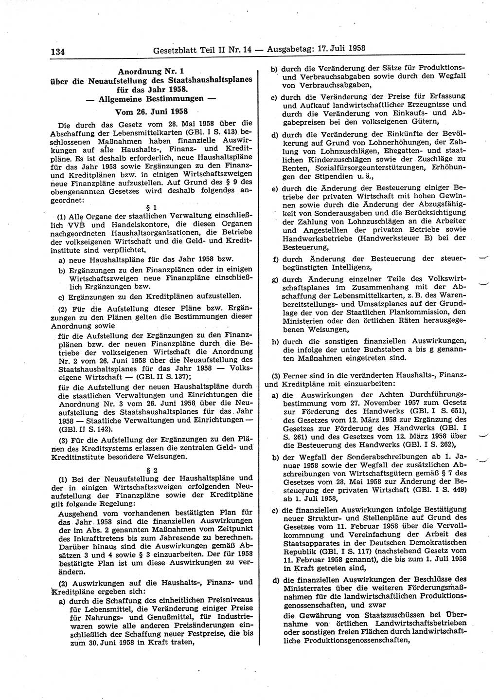 Gesetzblatt (GBl.) der Deutschen Demokratischen Republik (DDR) Teil ⅠⅠ 1958, Seite 134 (GBl. DDR ⅠⅠ 1958, S. 134)