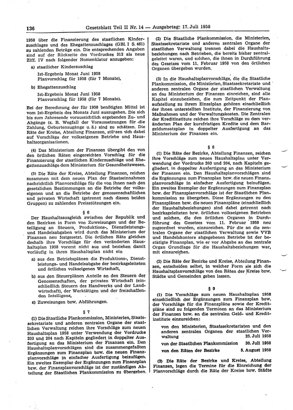 Gesetzblatt (GBl.) der Deutschen Demokratischen Republik (DDR) Teil ⅠⅠ 1958, Seite 136 (GBl. DDR ⅠⅠ 1958, S. 136)