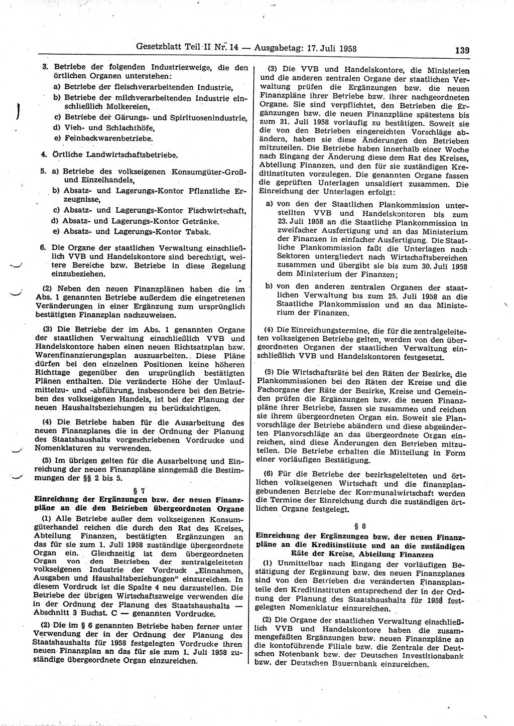 Gesetzblatt (GBl.) der Deutschen Demokratischen Republik (DDR) Teil ⅠⅠ 1958, Seite 139 (GBl. DDR ⅠⅠ 1958, S. 139)