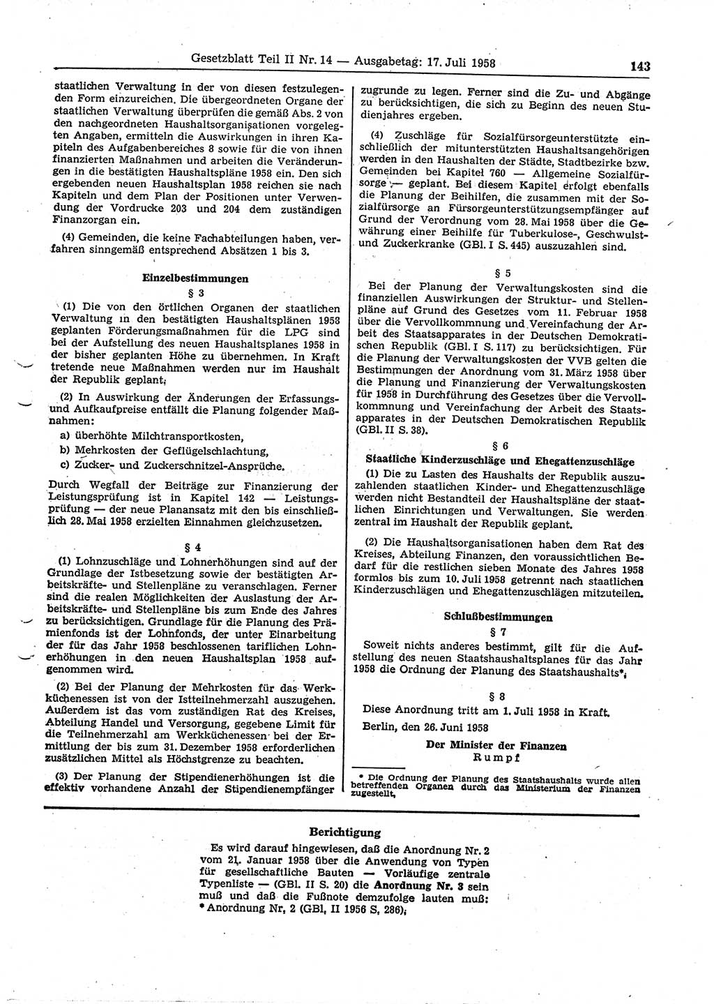 Gesetzblatt (GBl.) der Deutschen Demokratischen Republik (DDR) Teil ⅠⅠ 1958, Seite 143 (GBl. DDR ⅠⅠ 1958, S. 143)