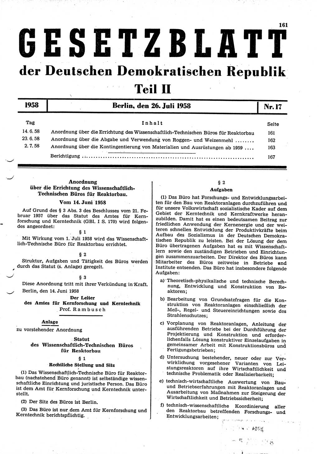 Gesetzblatt (GBl.) der Deutschen Demokratischen Republik (DDR) Teil ⅠⅠ 1958, Seite 161 (GBl. DDR ⅠⅠ 1958, S. 161)