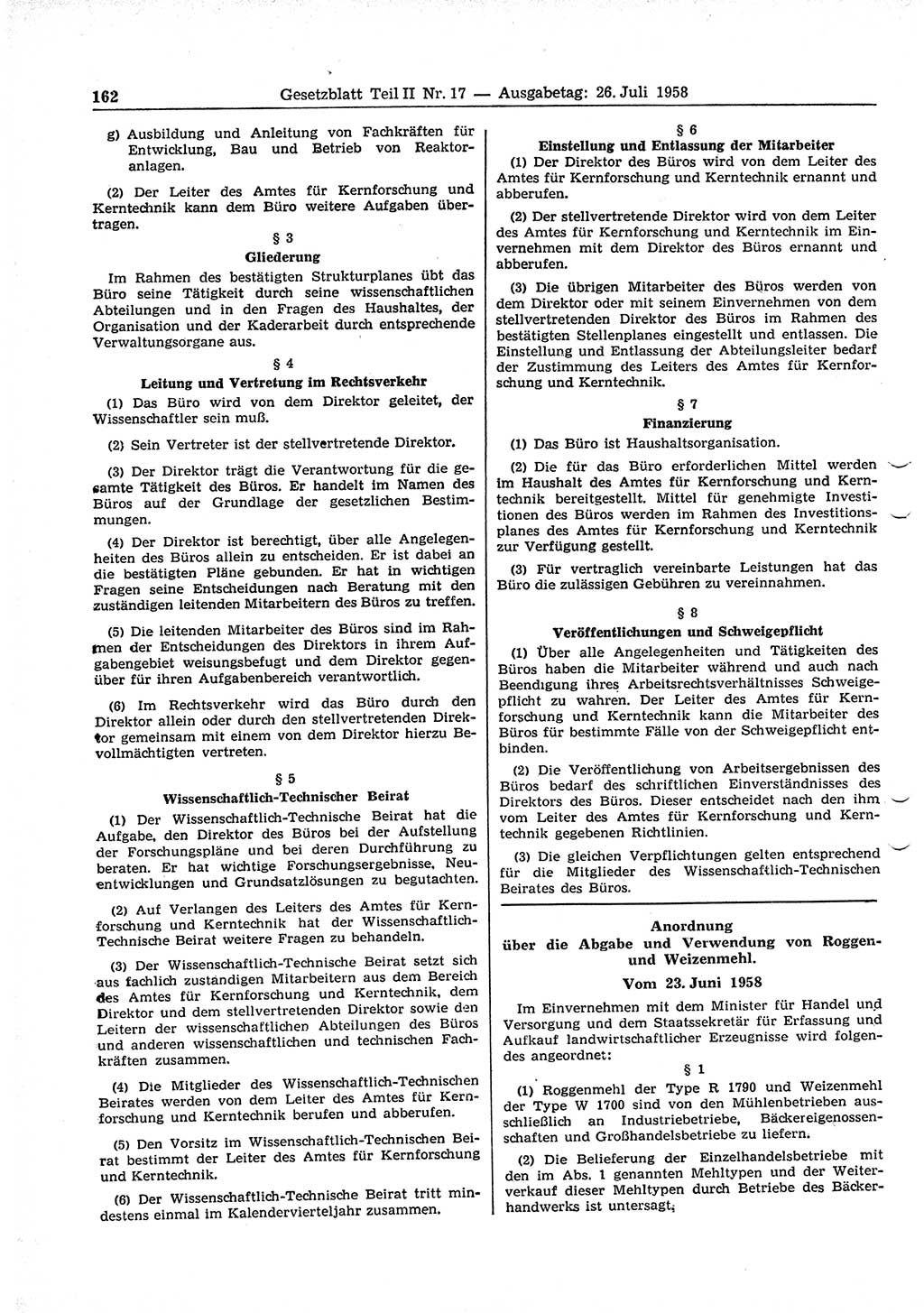 Gesetzblatt (GBl.) der Deutschen Demokratischen Republik (DDR) Teil ⅠⅠ 1958, Seite 162 (GBl. DDR ⅠⅠ 1958, S. 162)