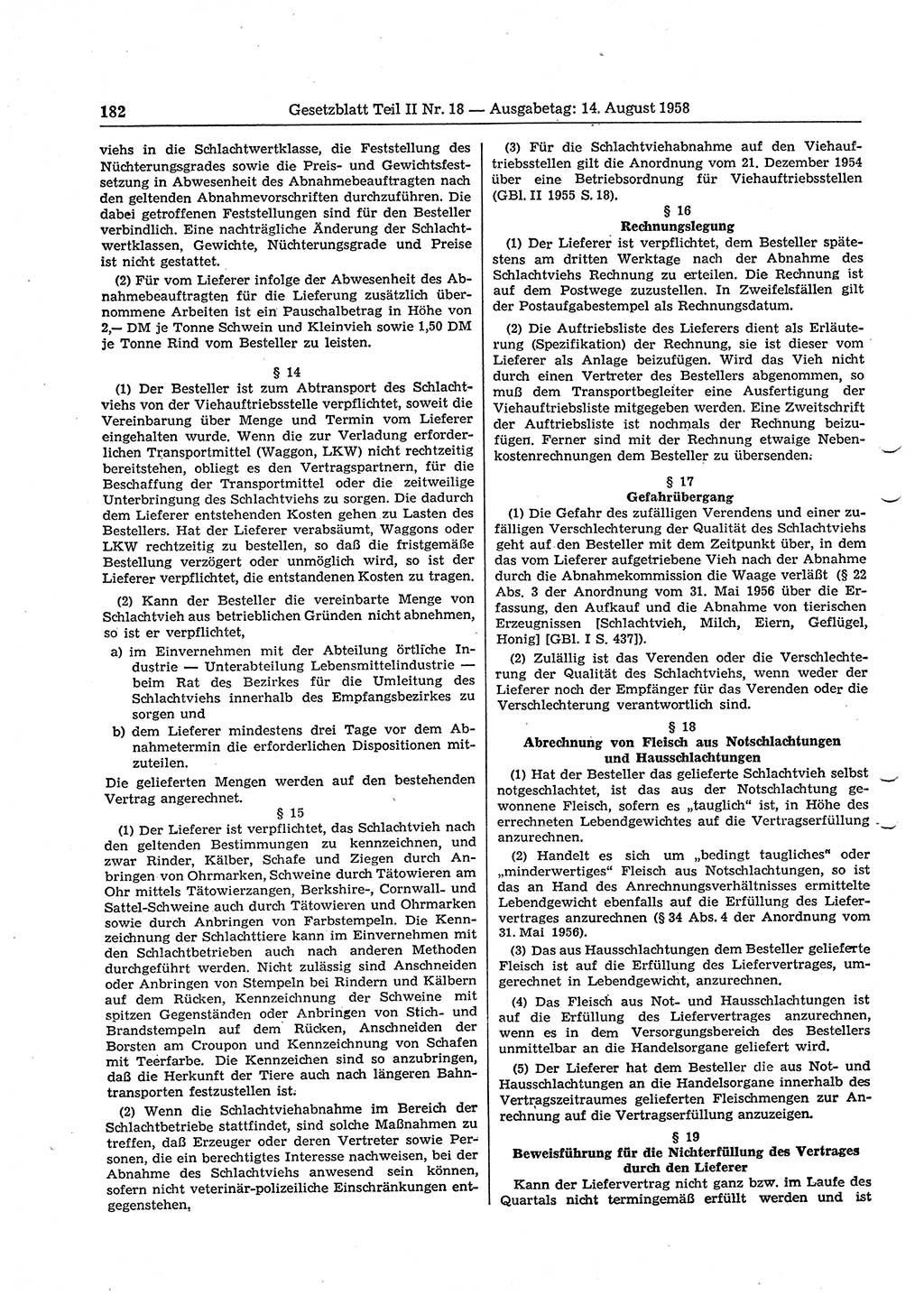 Gesetzblatt (GBl.) der Deutschen Demokratischen Republik (DDR) Teil ⅠⅠ 1958, Seite 182 (GBl. DDR ⅠⅠ 1958, S. 182)
