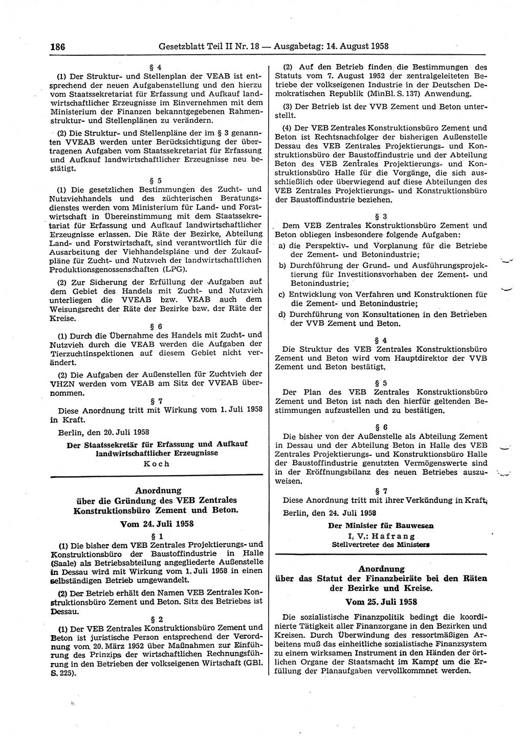 Gesetzblatt (GBl.) der Deutschen Demokratischen Republik (DDR) Teil ⅠⅠ 1958, Seite 186 (GBl. DDR ⅠⅠ 1958, S. 186)