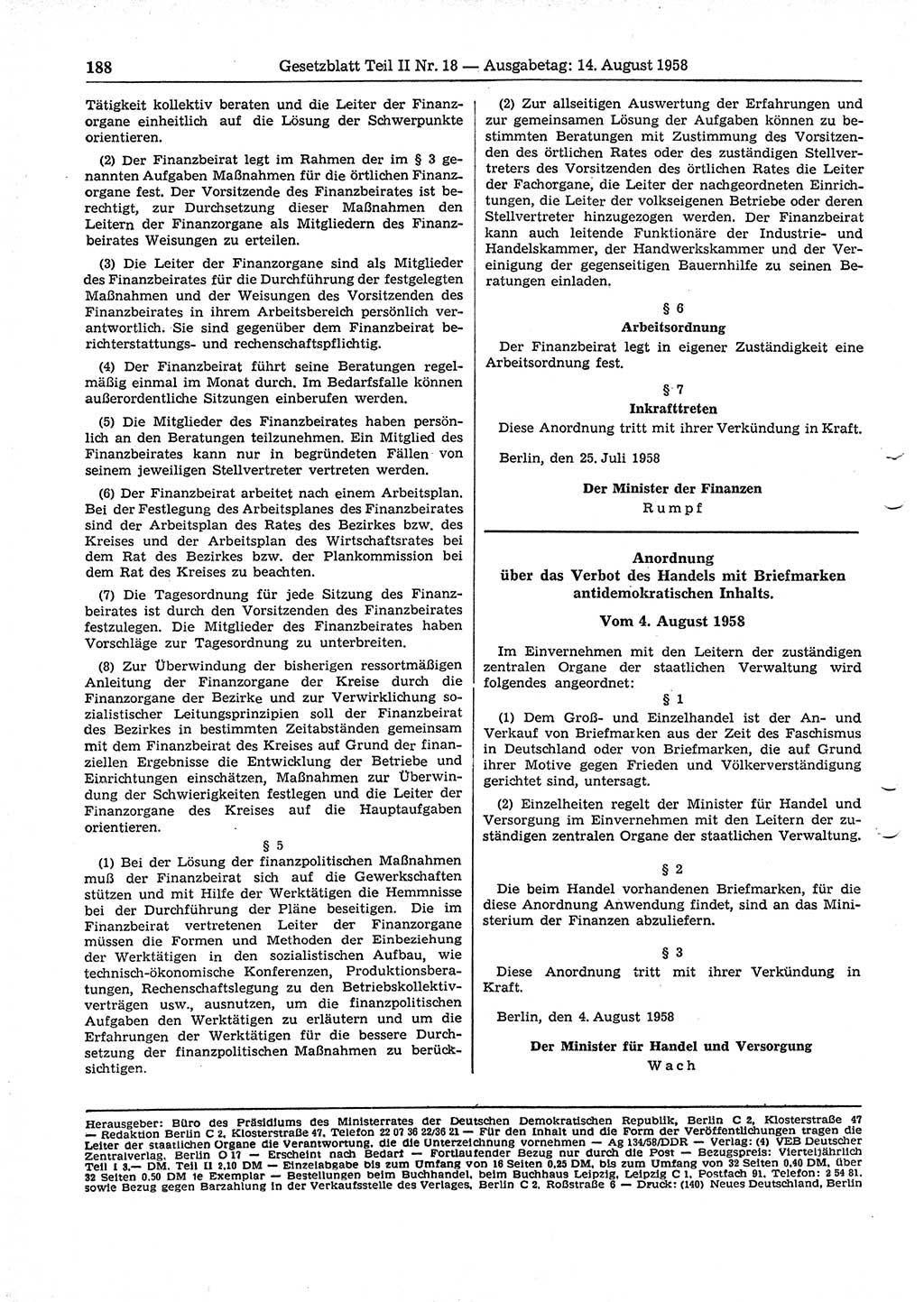 Gesetzblatt (GBl.) der Deutschen Demokratischen Republik (DDR) Teil ⅠⅠ 1958, Seite 188 (GBl. DDR ⅠⅠ 1958, S. 188)