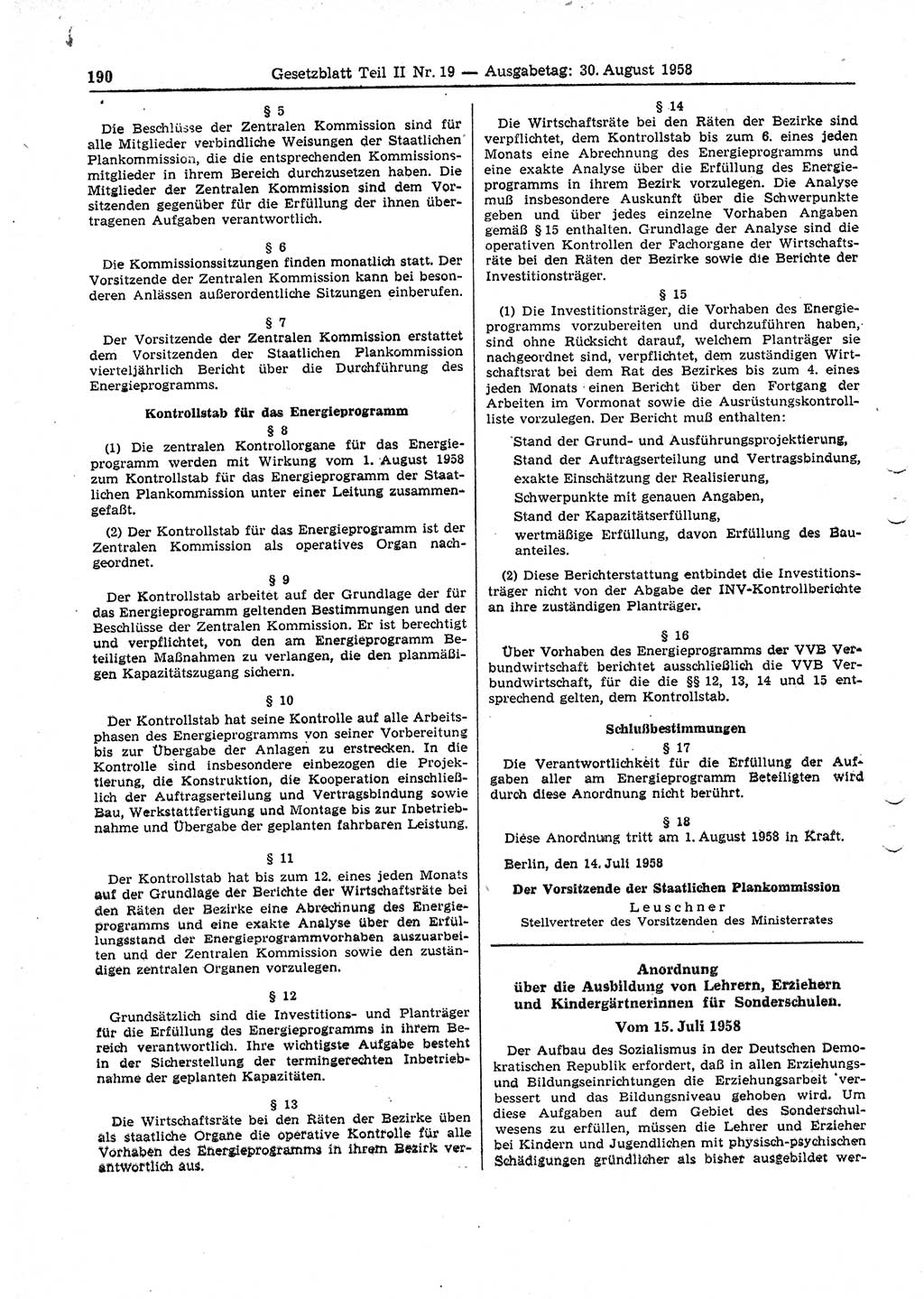 Gesetzblatt (GBl.) der Deutschen Demokratischen Republik (DDR) Teil ⅠⅠ 1958, Seite 190 (GBl. DDR ⅠⅠ 1958, S. 190)