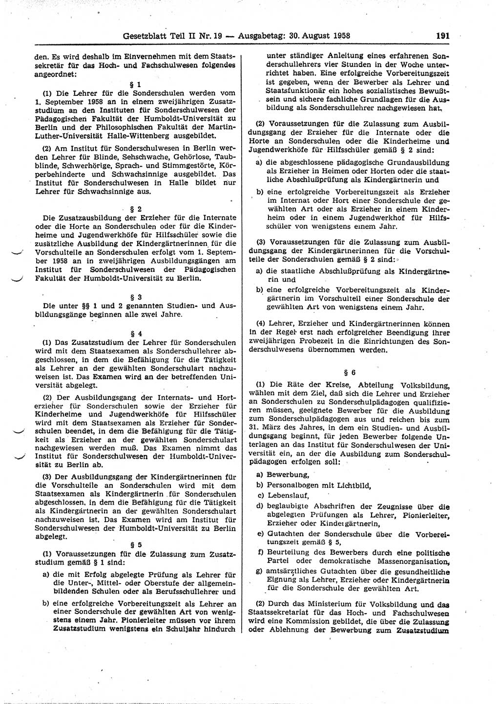 Gesetzblatt (GBl.) der Deutschen Demokratischen Republik (DDR) Teil ⅠⅠ 1958, Seite 191 (GBl. DDR ⅠⅠ 1958, S. 191)