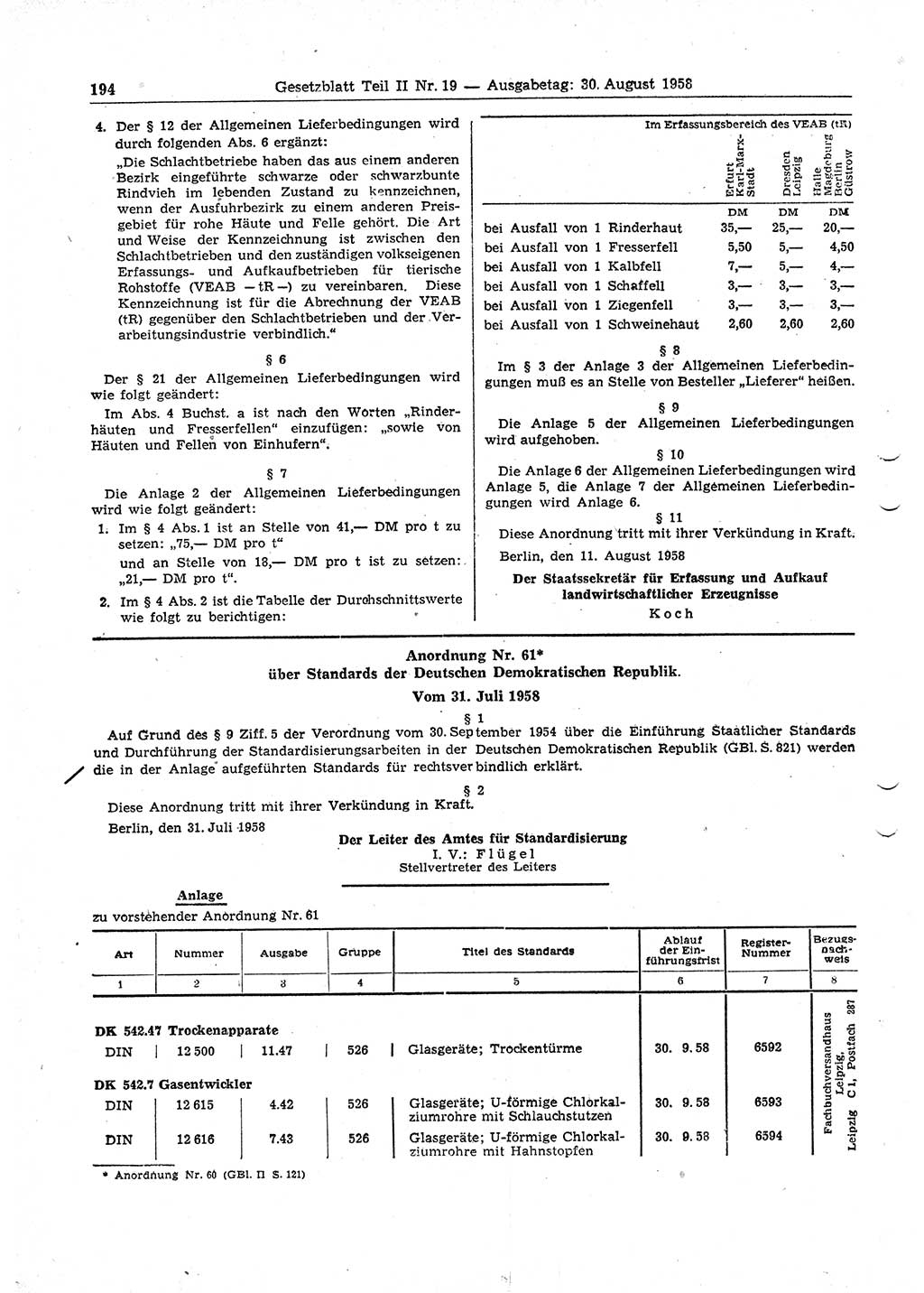 Gesetzblatt (GBl.) der Deutschen Demokratischen Republik (DDR) Teil ⅠⅠ 1958, Seite 194 (GBl. DDR ⅠⅠ 1958, S. 194)