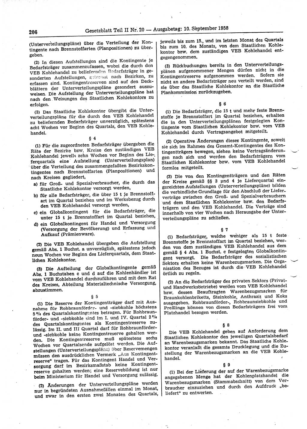 Gesetzblatt (GBl.) der Deutschen Demokratischen Republik (DDR) Teil ⅠⅠ 1958, Seite 206 (GBl. DDR ⅠⅠ 1958, S. 206)