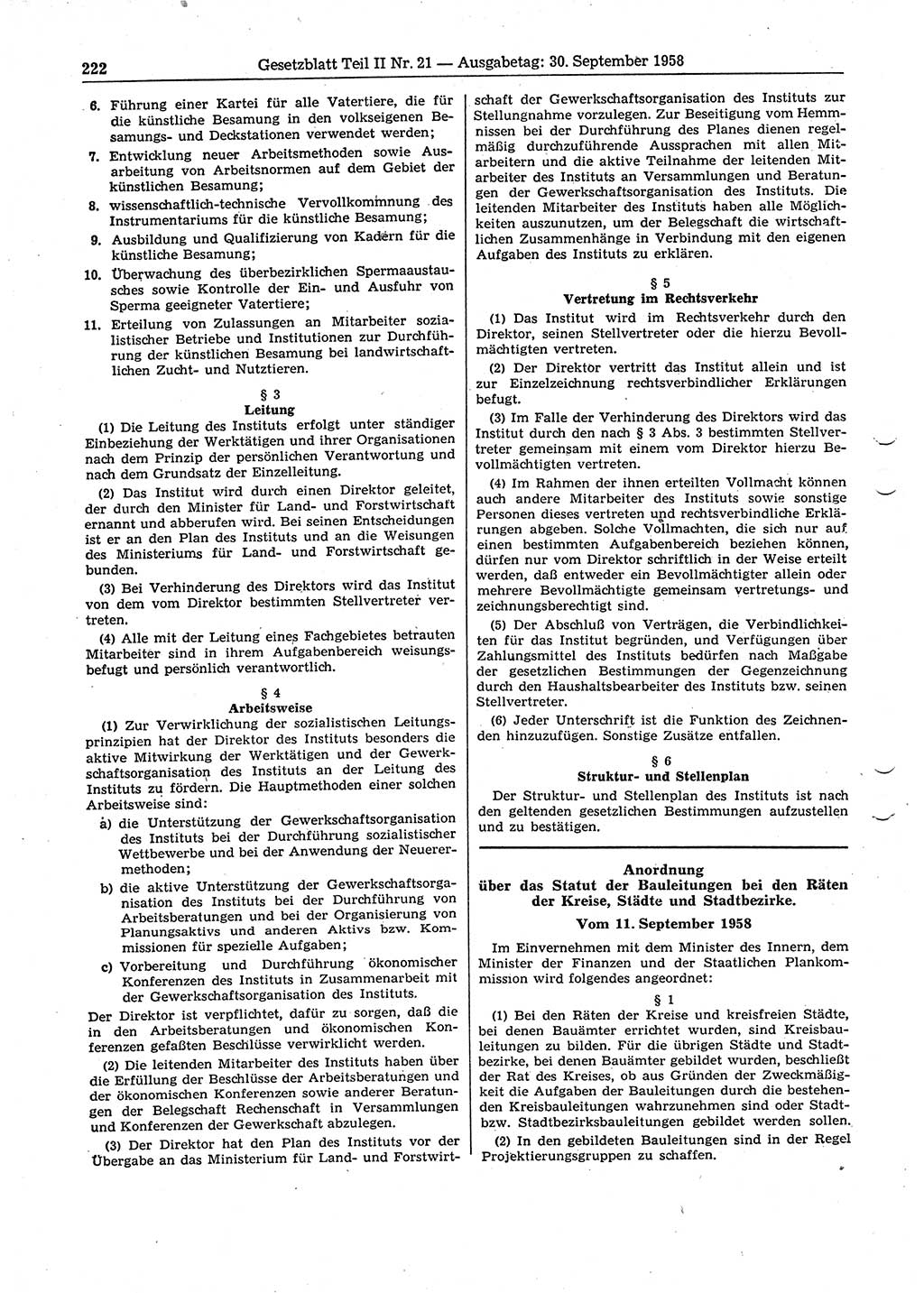 Gesetzblatt (GBl.) der Deutschen Demokratischen Republik (DDR) Teil ⅠⅠ 1958, Seite 222 (GBl. DDR ⅠⅠ 1958, S. 222)