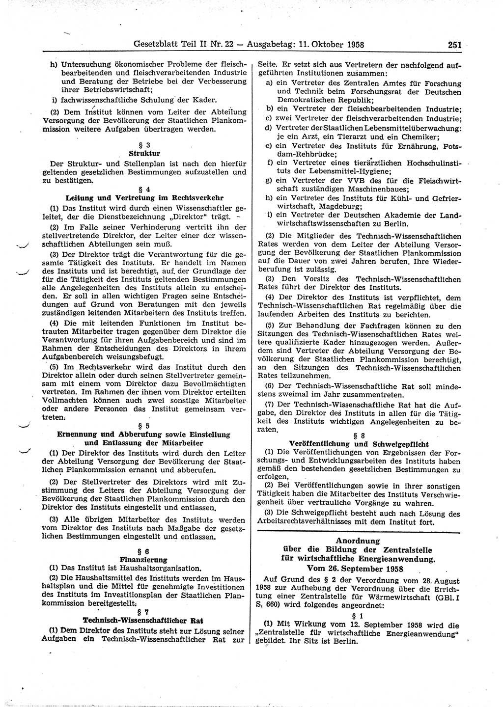 Gesetzblatt (GBl.) der Deutschen Demokratischen Republik (DDR) Teil ⅠⅠ 1958, Seite 251 (GBl. DDR ⅠⅠ 1958, S. 251)