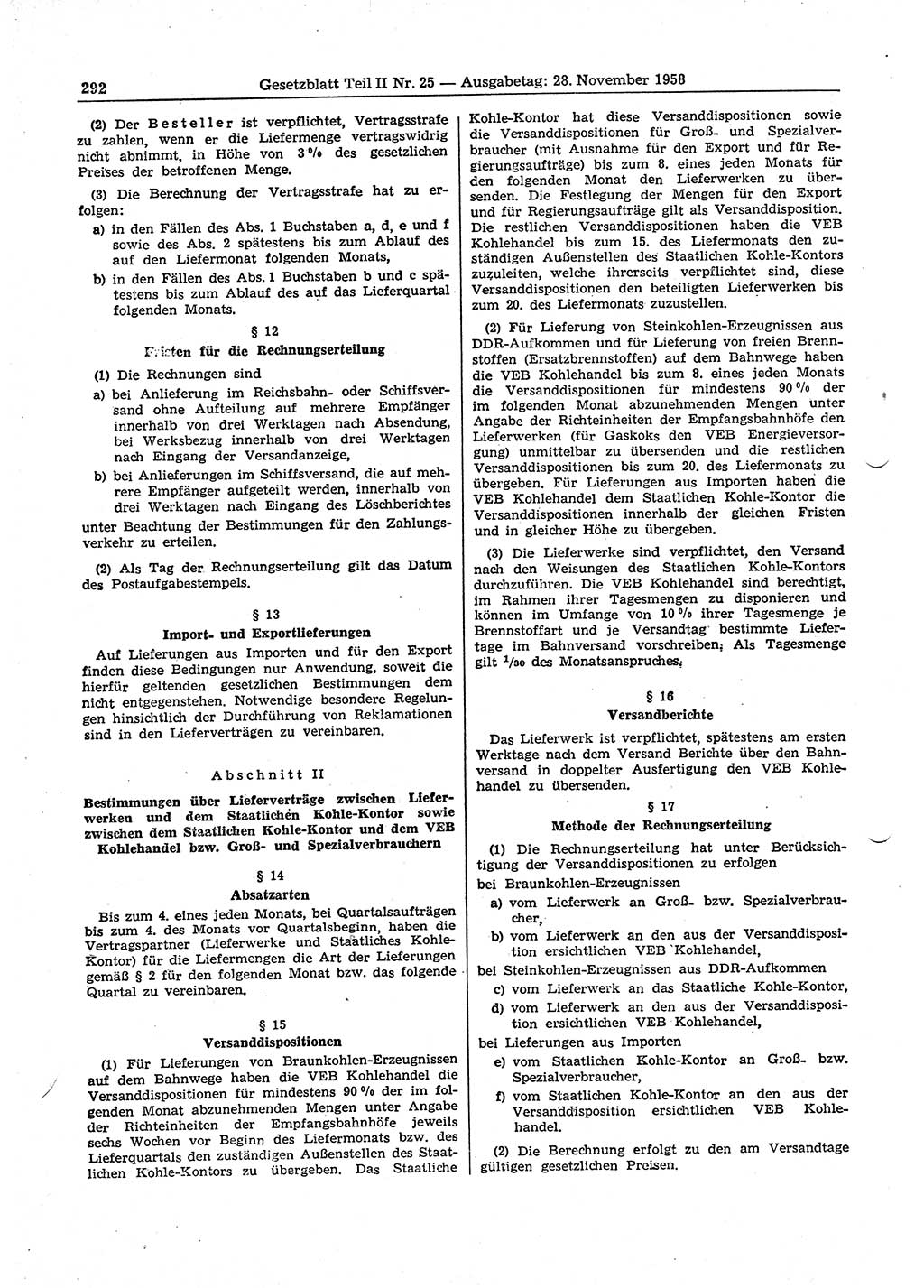 Gesetzblatt (GBl.) der Deutschen Demokratischen Republik (DDR) Teil ⅠⅠ 1958, Seite 292 (GBl. DDR ⅠⅠ 1958, S. 292)