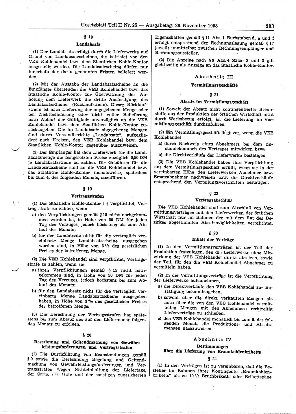 Gesetzblatt (GBl.) der Deutschen Demokratischen Republik (DDR) Teil ⅠⅠ 1958, Seite 293 (GBl. DDR ⅠⅠ 1958, S. 293)