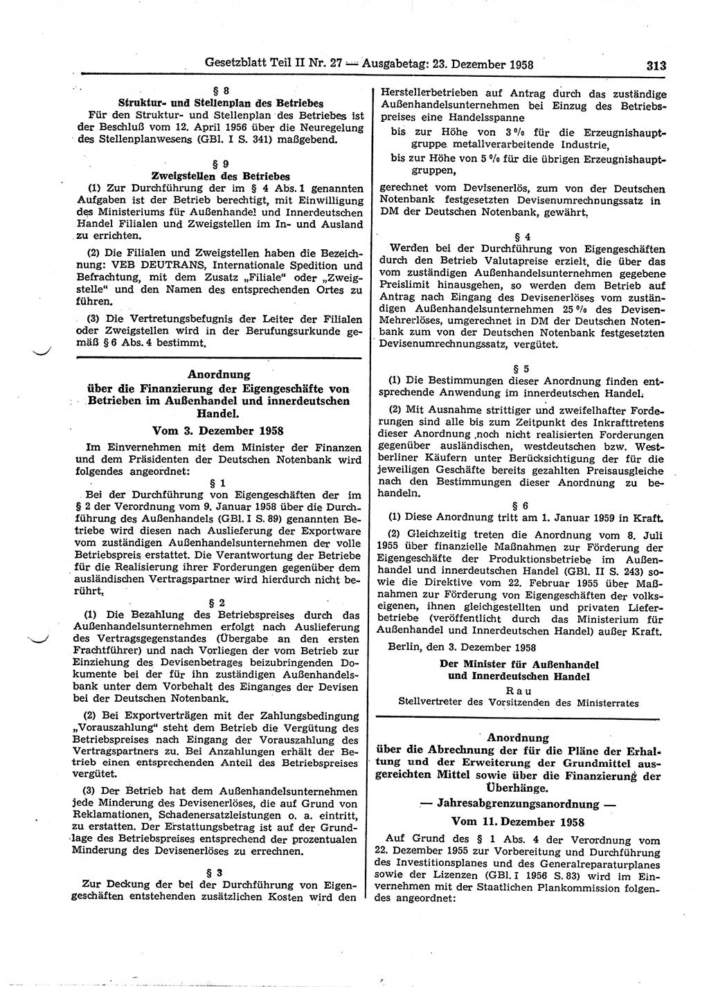 Gesetzblatt (GBl.) der Deutschen Demokratischen Republik (DDR) Teil ⅠⅠ 1958, Seite 313 (GBl. DDR ⅠⅠ 1958, S. 313)