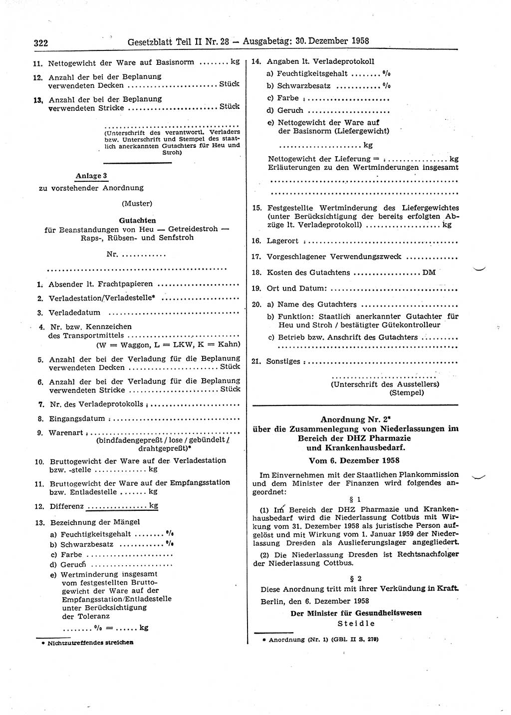 Gesetzblatt (GBl.) der Deutschen Demokratischen Republik (DDR) Teil ⅠⅠ 1958, Seite 322 (GBl. DDR ⅠⅠ 1958, S. 322)