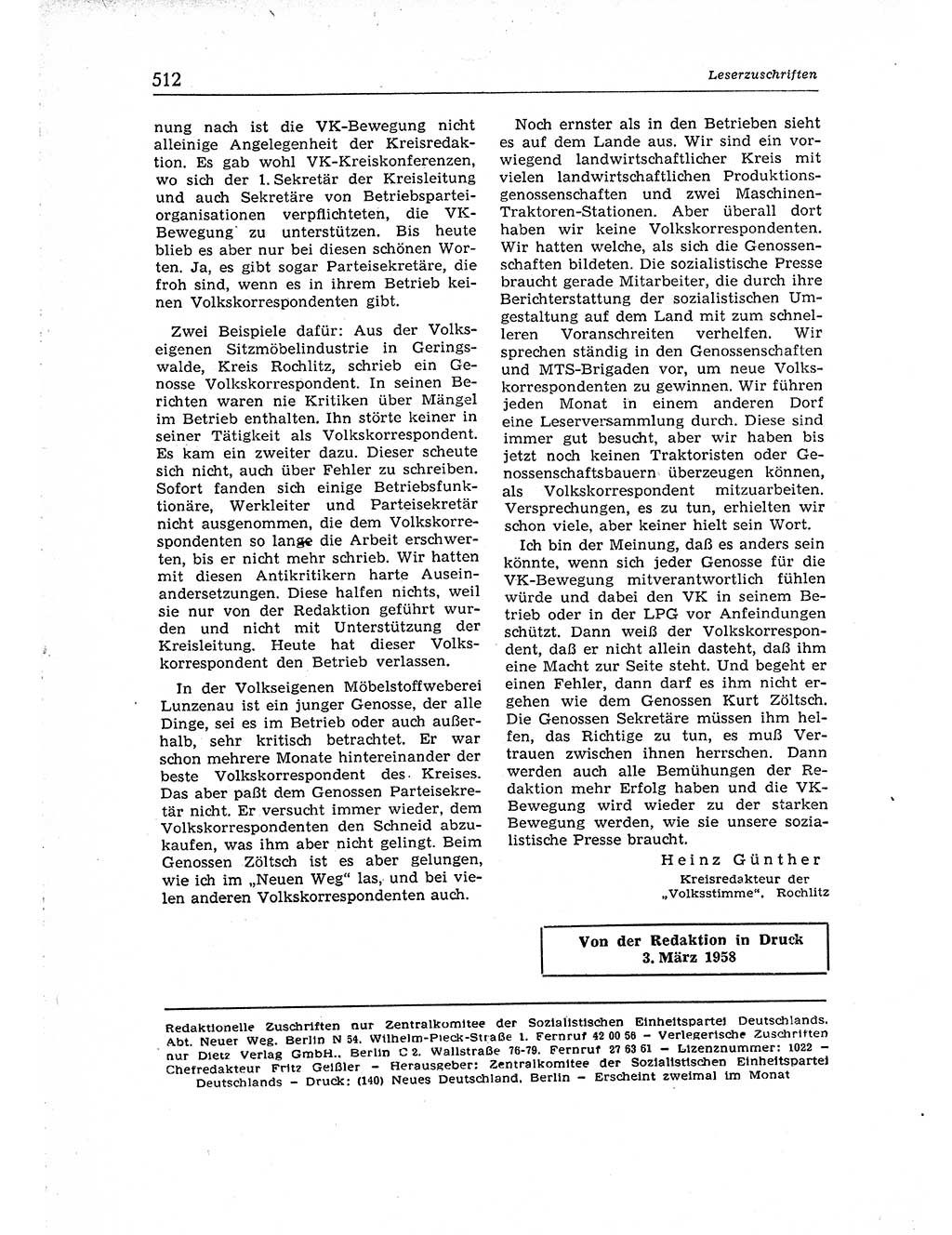 Neuer Weg (NW), Organ des Zentralkomitees (ZK) der SED (Sozialistische Einheitspartei Deutschlands) für Fragen des Parteiaufbaus und des Parteilebens, [Deutsche Demokratische Republik (DDR)] 13. Jahrgang 1958, Seite 512 (NW ZK SED DDR 1958, S. 512)