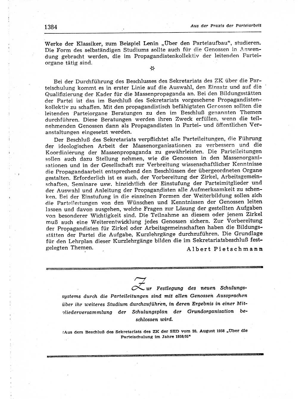 Neuer Weg (NW), Organ des Zentralkomitees (ZK) der SED (Sozialistische Einheitspartei Deutschlands) für Fragen des Parteiaufbaus und des Parteilebens, [Deutsche Demokratische Republik (DDR)] 13. Jahrgang 1958, Seite 1384 (NW ZK SED DDR 1958, S. 1384)