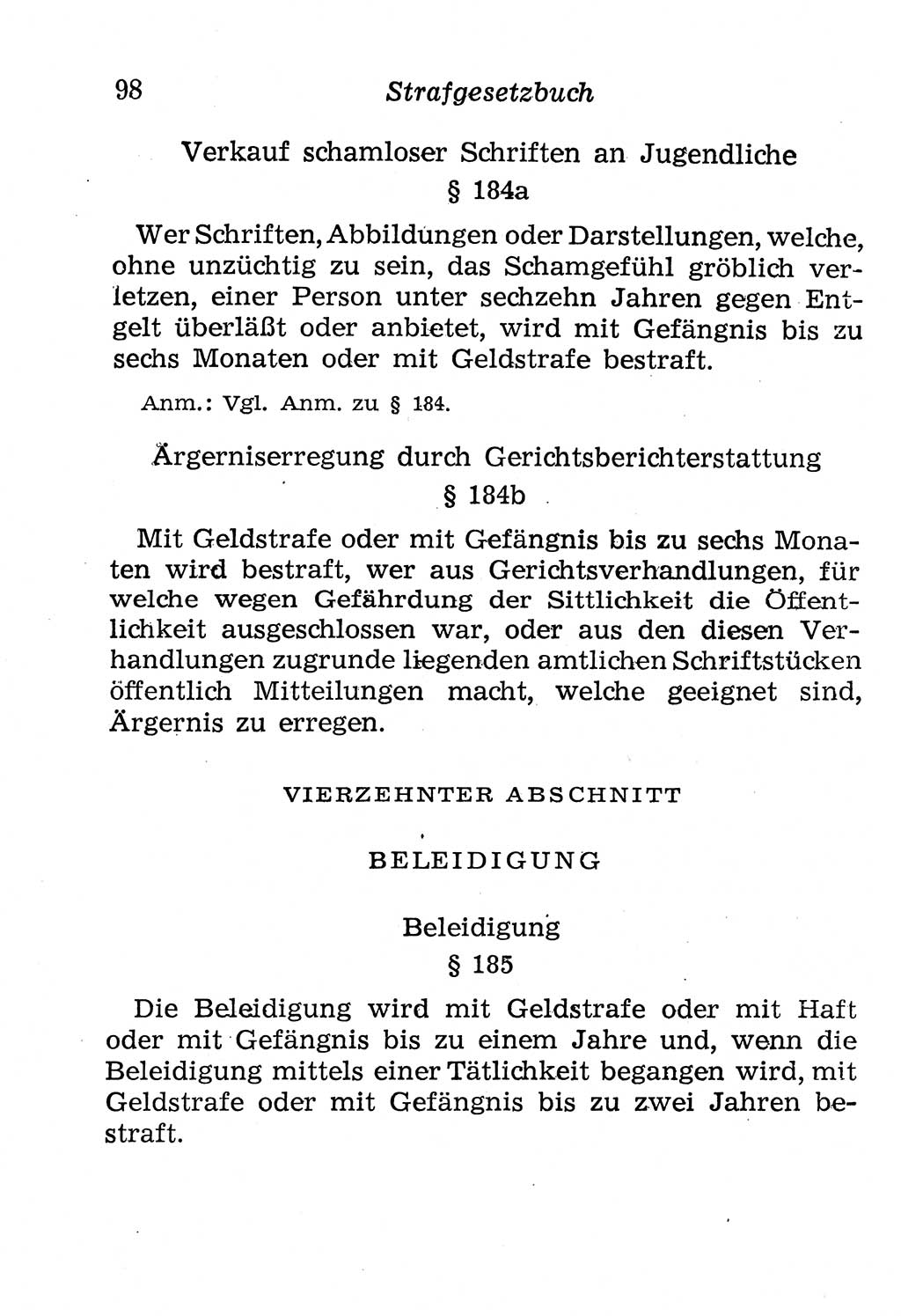 Strafgesetzbuch (StGB) und andere Strafgesetze [Deutsche Demokratische Republik (DDR)] 1958, Seite 98 (StGB Strafges. DDR 1958, S. 98)