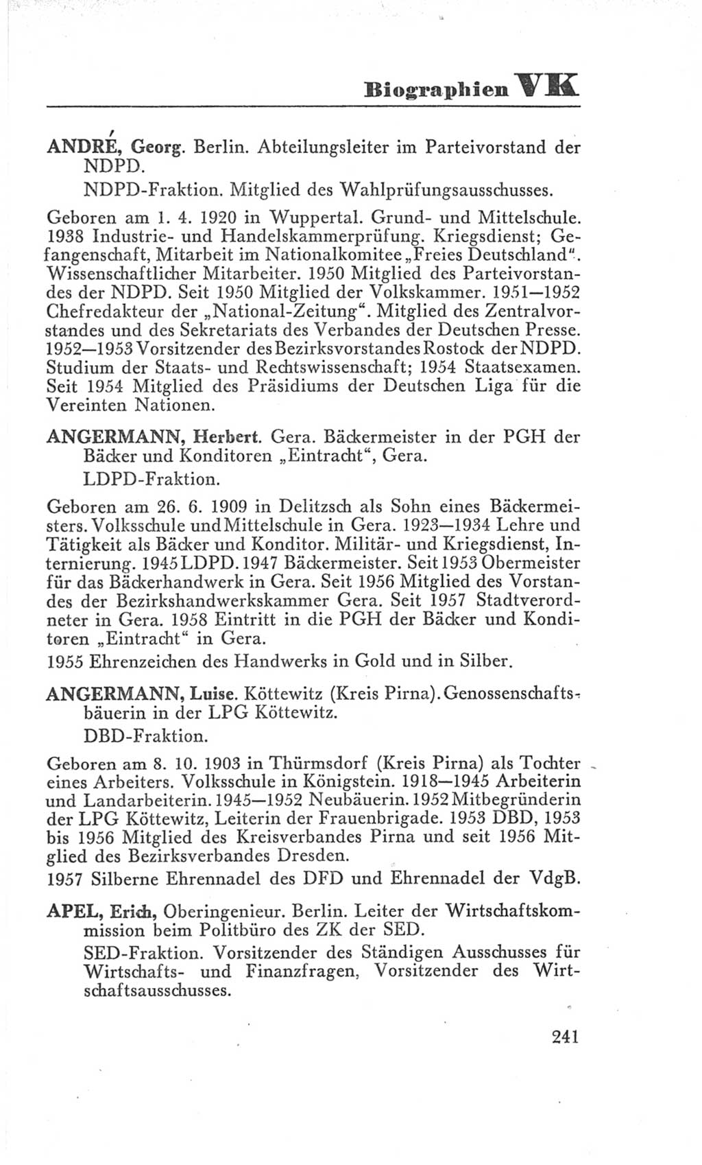 Handbuch der Volkskammer (VK) der Deutschen Demokratischen Republik (DDR), 3. Wahlperiode 1958-1963, Seite 241 (Hdb. VK. DDR 3. WP. 1958-1963, S. 241)