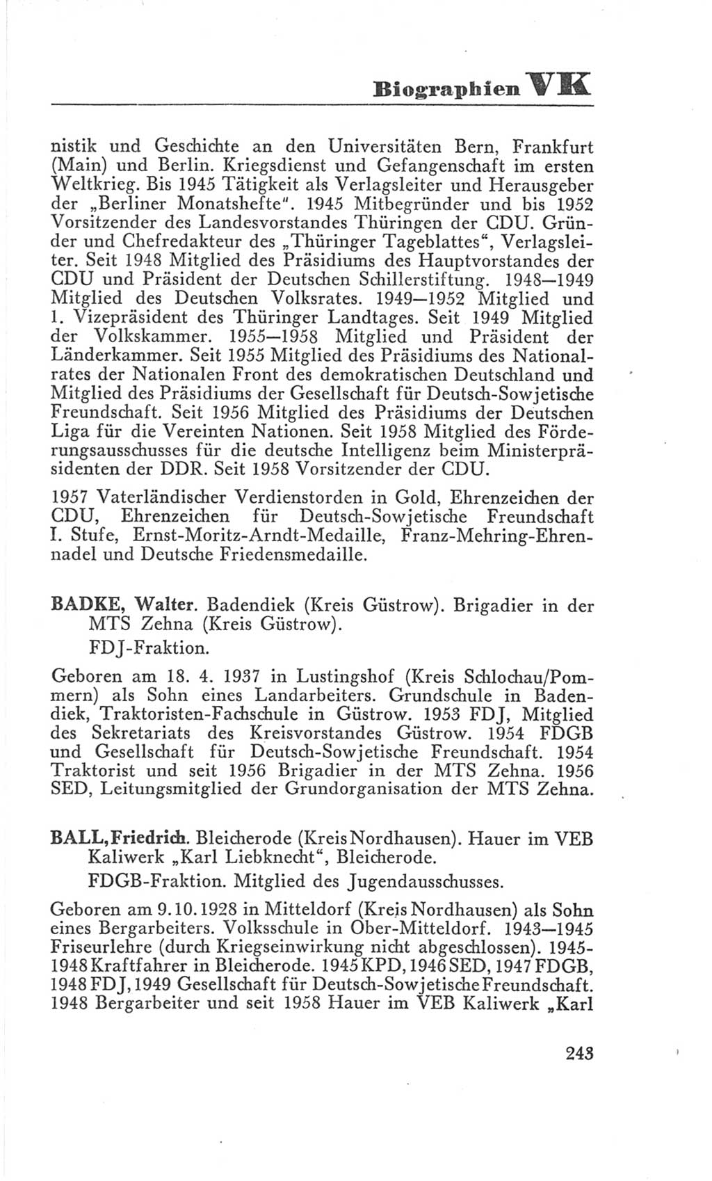 Handbuch der Volkskammer (VK) der Deutschen Demokratischen Republik (DDR), 3. Wahlperiode 1958-1963, Seite 243 (Hdb. VK. DDR 3. WP. 1958-1963, S. 243)
