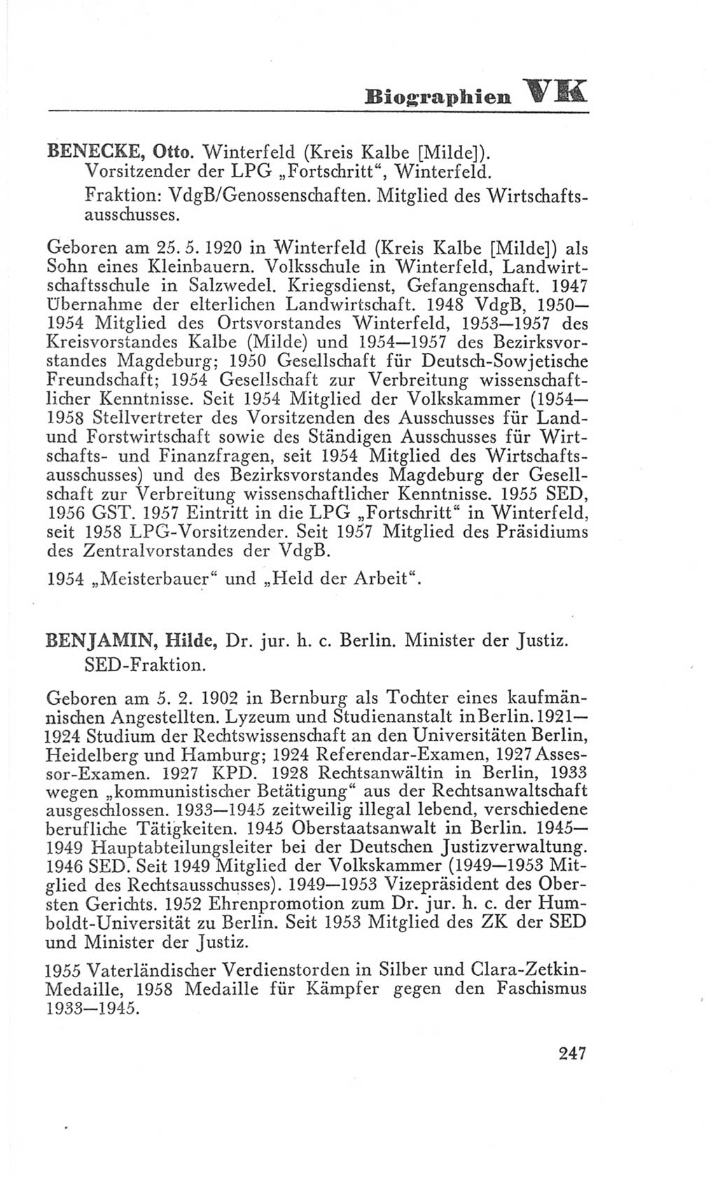 Handbuch der Volkskammer (VK) der Deutschen Demokratischen Republik (DDR), 3. Wahlperiode 1958-1963, Seite 247 (Hdb. VK. DDR 3. WP. 1958-1963, S. 247)