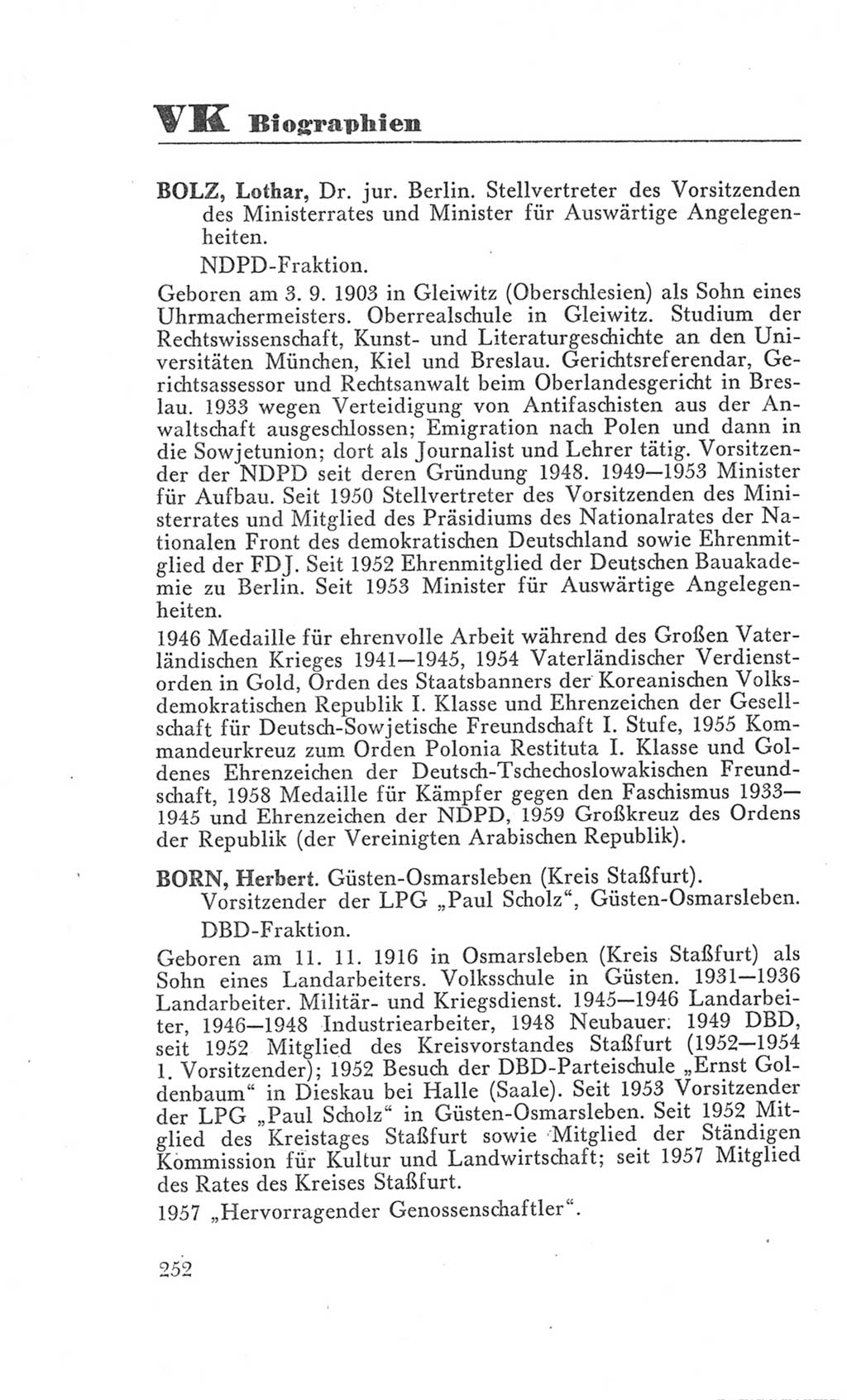 Handbuch der Volkskammer (VK) der Deutschen Demokratischen Republik (DDR), 3. Wahlperiode 1958-1963, Seite 252 (Hdb. VK. DDR 3. WP. 1958-1963, S. 252)