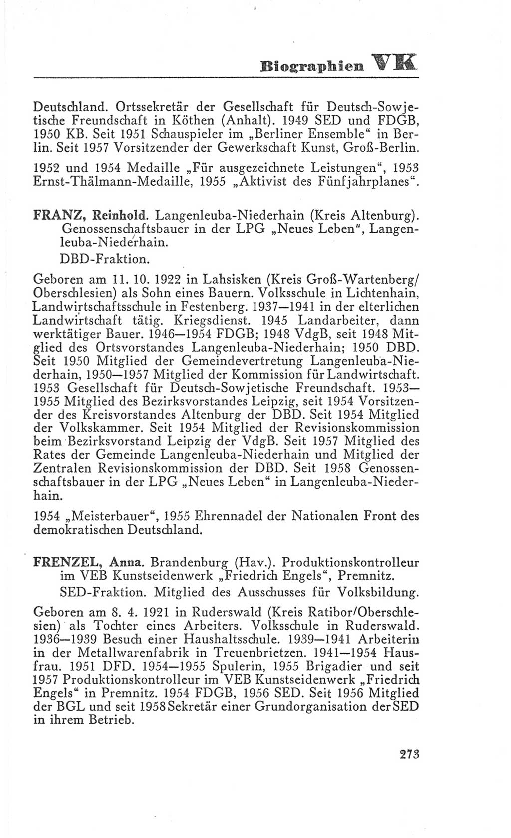 Handbuch der Volkskammer (VK) der Deutschen Demokratischen Republik (DDR), 3. Wahlperiode 1958-1963, Seite 273 (Hdb. VK. DDR 3. WP. 1958-1963, S. 273)