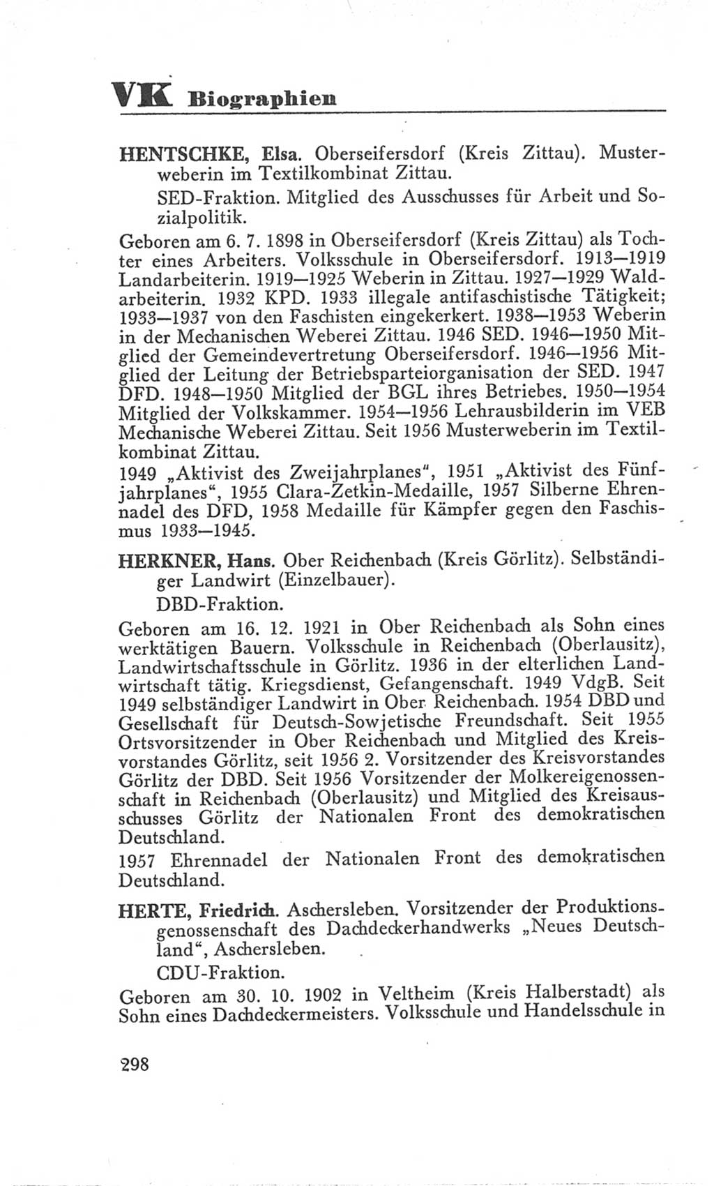 Handbuch der Volkskammer (VK) der Deutschen Demokratischen Republik (DDR), 3. Wahlperiode 1958-1963, Seite 298 (Hdb. VK. DDR 3. WP. 1958-1963, S. 298)