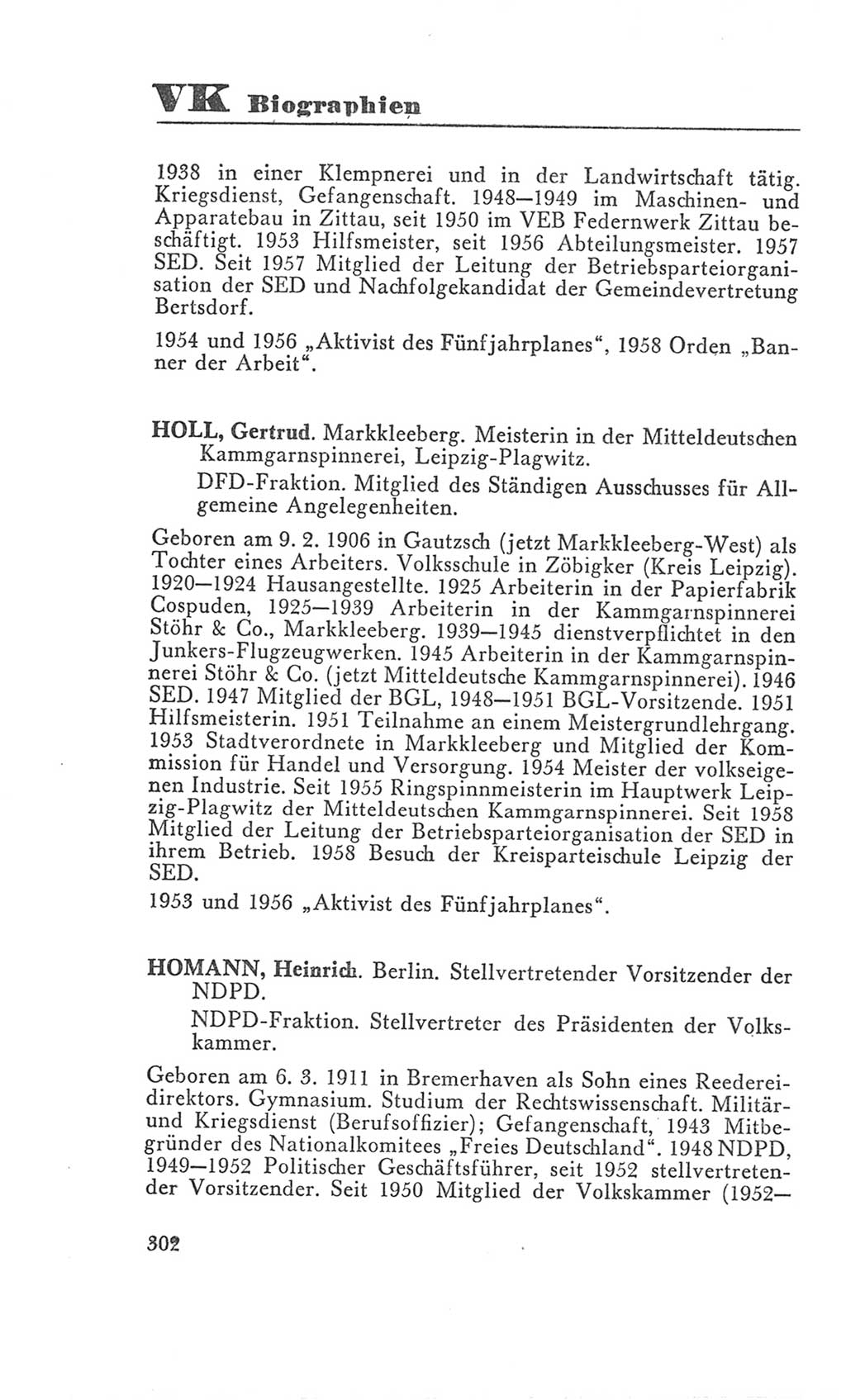 Handbuch der Volkskammer (VK) der Deutschen Demokratischen Republik (DDR), 3. Wahlperiode 1958-1963, Seite 302 (Hdb. VK. DDR 3. WP. 1958-1963, S. 302)