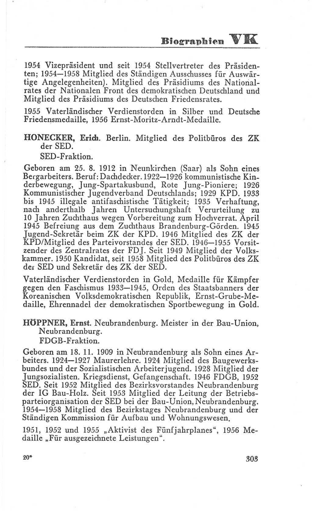 Handbuch der Volkskammer (VK) der Deutschen Demokratischen Republik (DDR), 3. Wahlperiode 1958-1963, Seite 303 (Hdb. VK. DDR 3. WP. 1958-1963, S. 303)