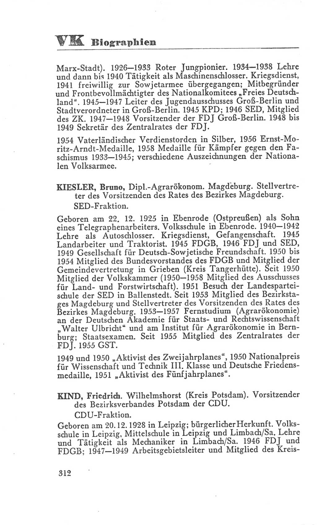 Handbuch der Volkskammer (VK) der Deutschen Demokratischen Republik (DDR), 3. Wahlperiode 1958-1963, Seite 312 (Hdb. VK. DDR 3. WP. 1958-1963, S. 312)