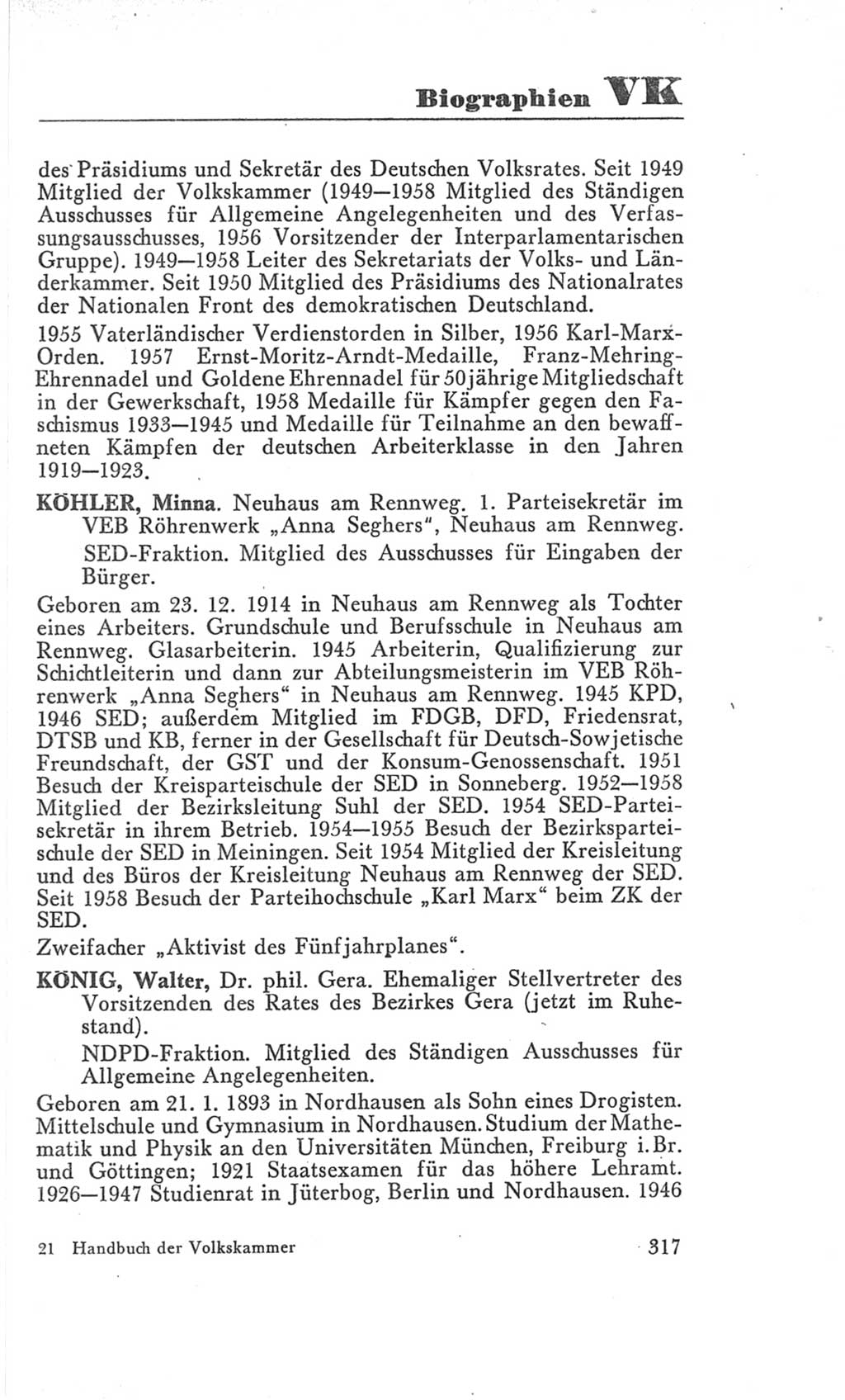 Handbuch der Volkskammer (VK) der Deutschen Demokratischen Republik (DDR), 3. Wahlperiode 1958-1963, Seite 317 (Hdb. VK. DDR 3. WP. 1958-1963, S. 317)