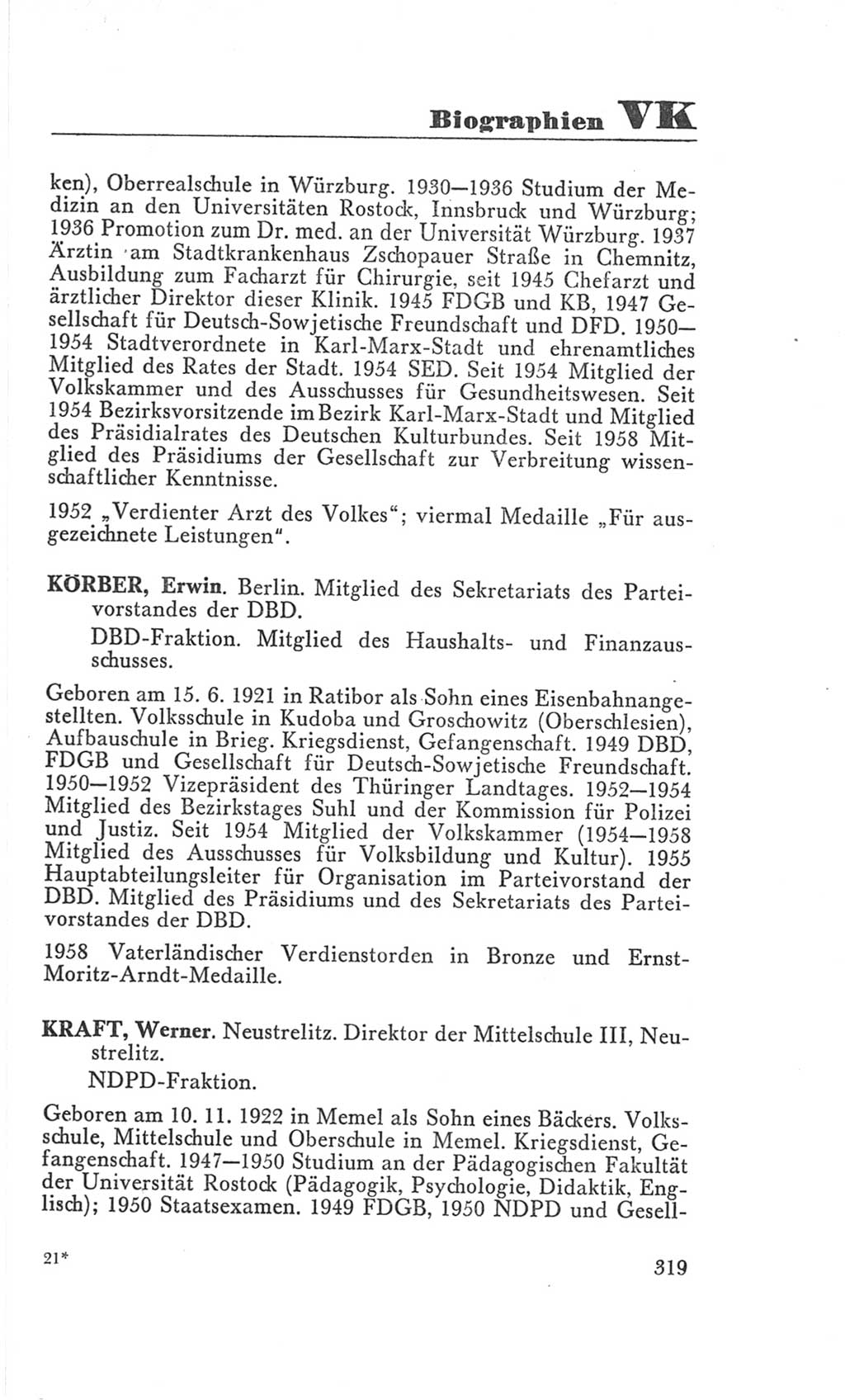 Handbuch der Volkskammer (VK) der Deutschen Demokratischen Republik (DDR), 3. Wahlperiode 1958-1963, Seite 319 (Hdb. VK. DDR 3. WP. 1958-1963, S. 319)
