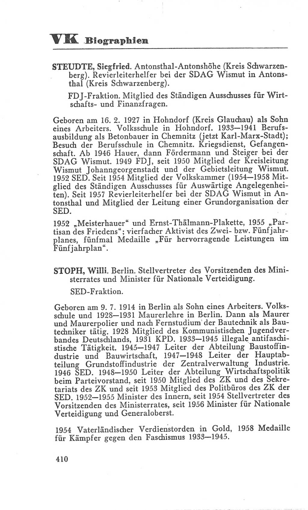 Handbuch der Volkskammer (VK) der Deutschen Demokratischen Republik (DDR), 3. Wahlperiode 1958-1963, Seite 410 (Hdb. VK. DDR 3. WP. 1958-1963, S. 410)