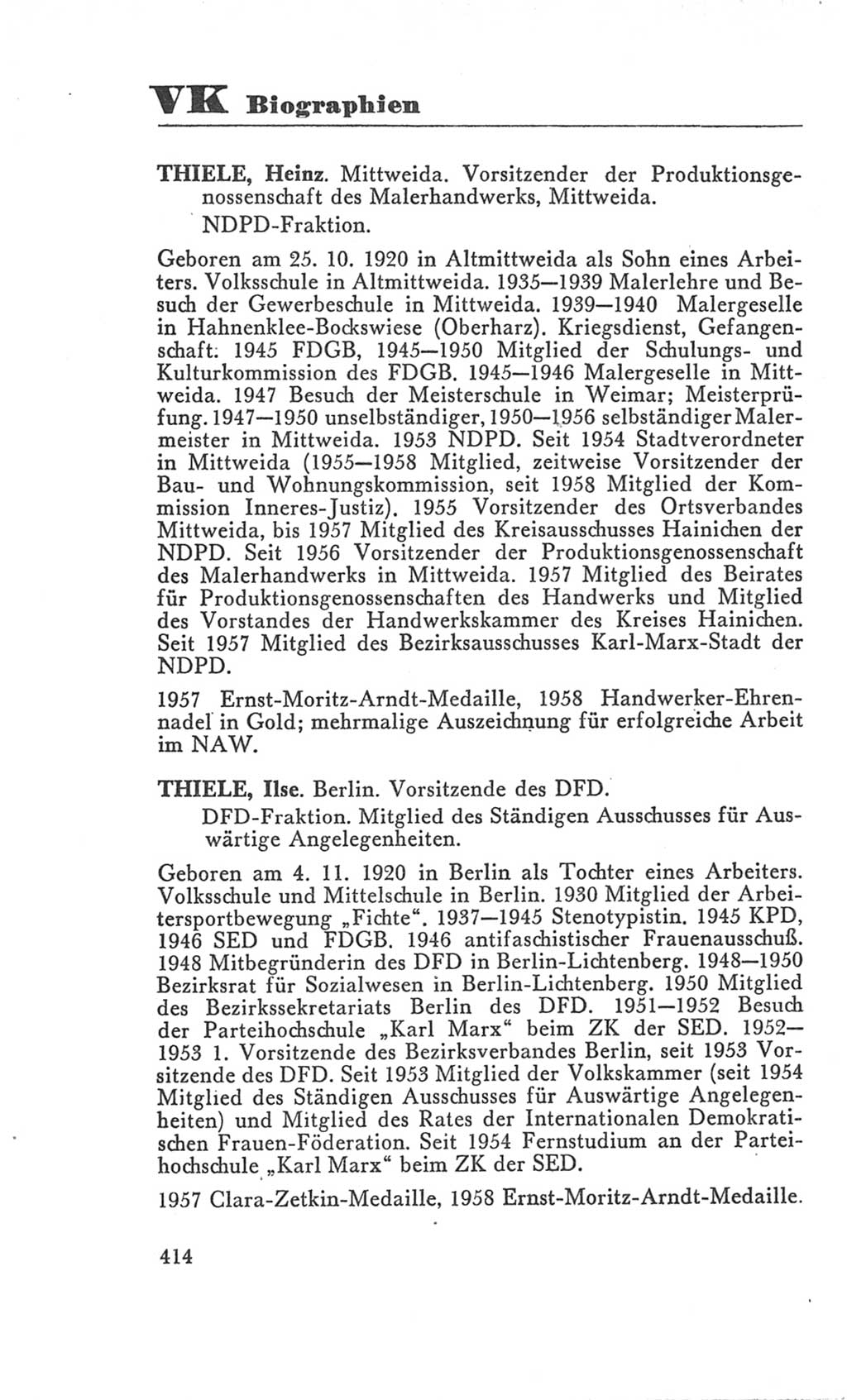 Handbuch der Volkskammer (VK) der Deutschen Demokratischen Republik (DDR), 3. Wahlperiode 1958-1963, Seite 414 (Hdb. VK. DDR 3. WP. 1958-1963, S. 414)