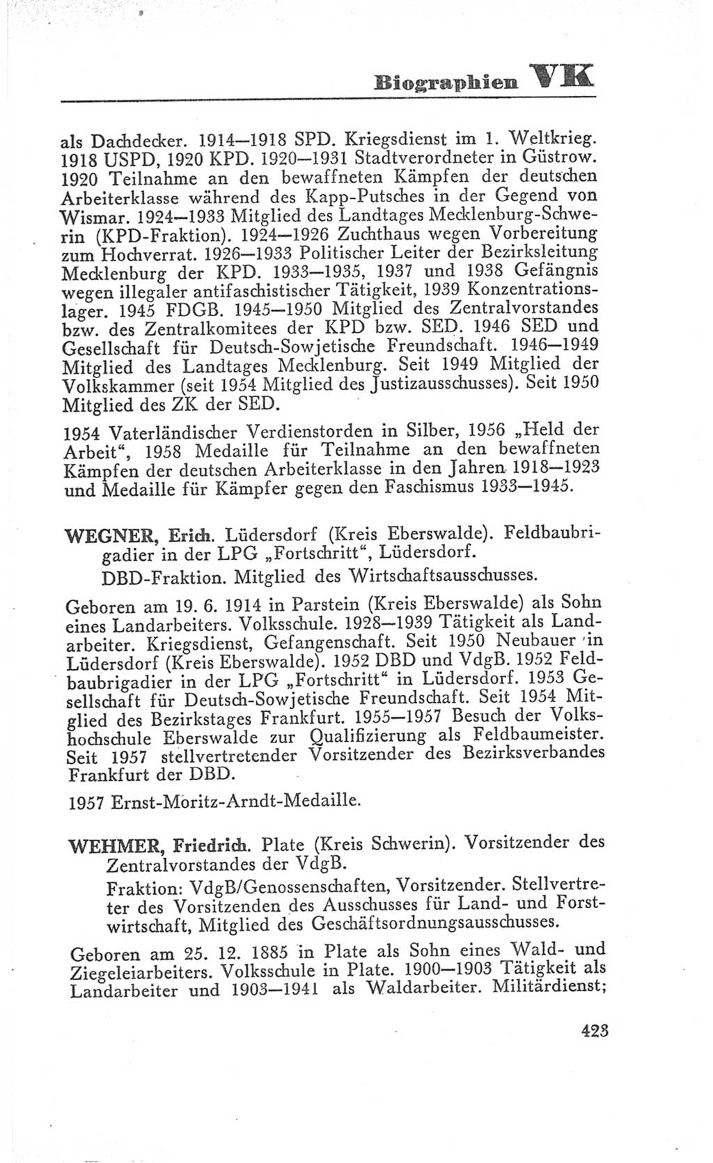 Handbuch der Volkskammer (VK) der Deutschen Demokratischen Republik (DDR), 3. Wahlperiode 1958-1963, Seite 423 (Hdb. VK. DDR 3. WP. 1958-1963, S. 423)